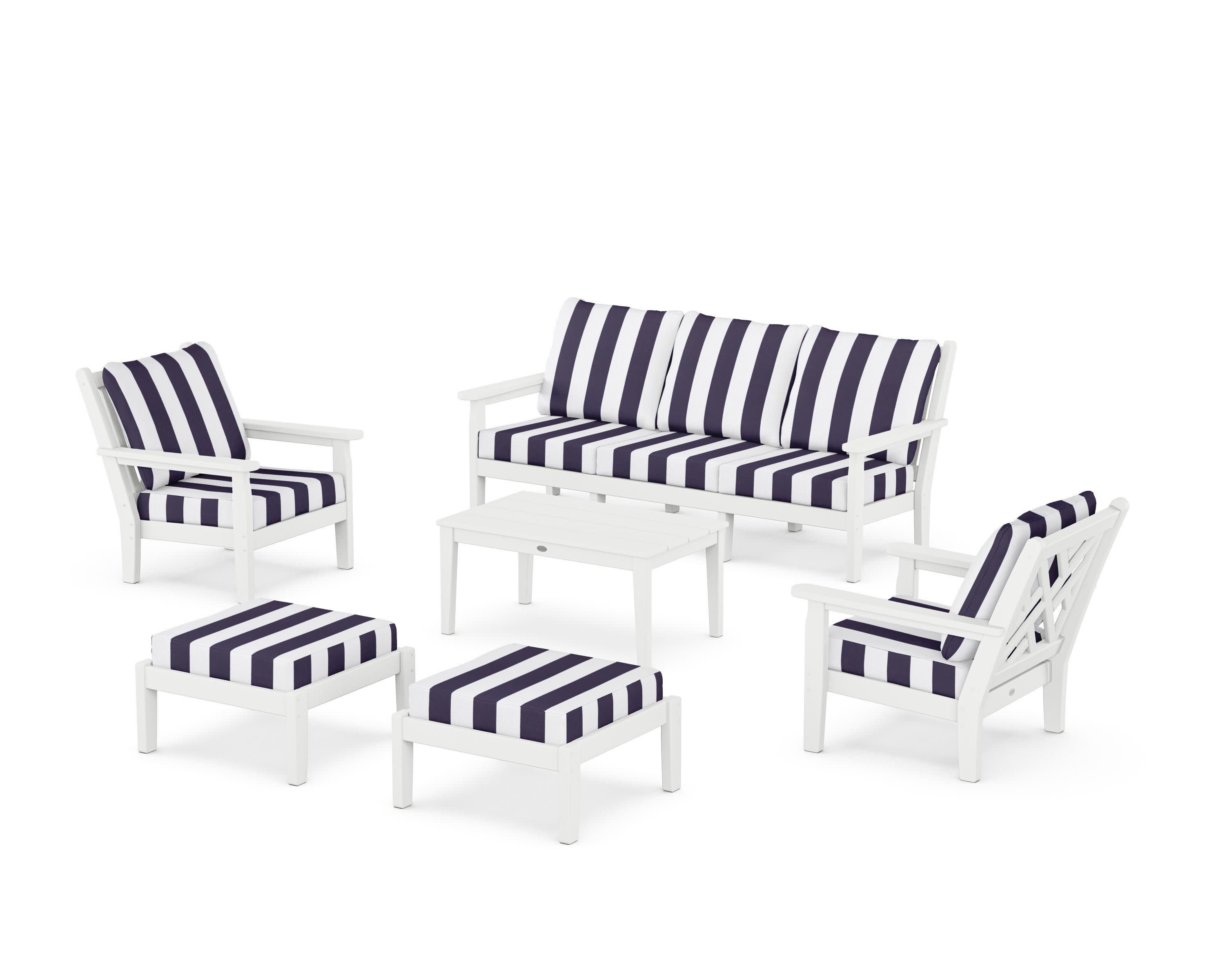 Chippendale 6-Piece Lounge Sofa Set in White / Cabana Stripe Navy