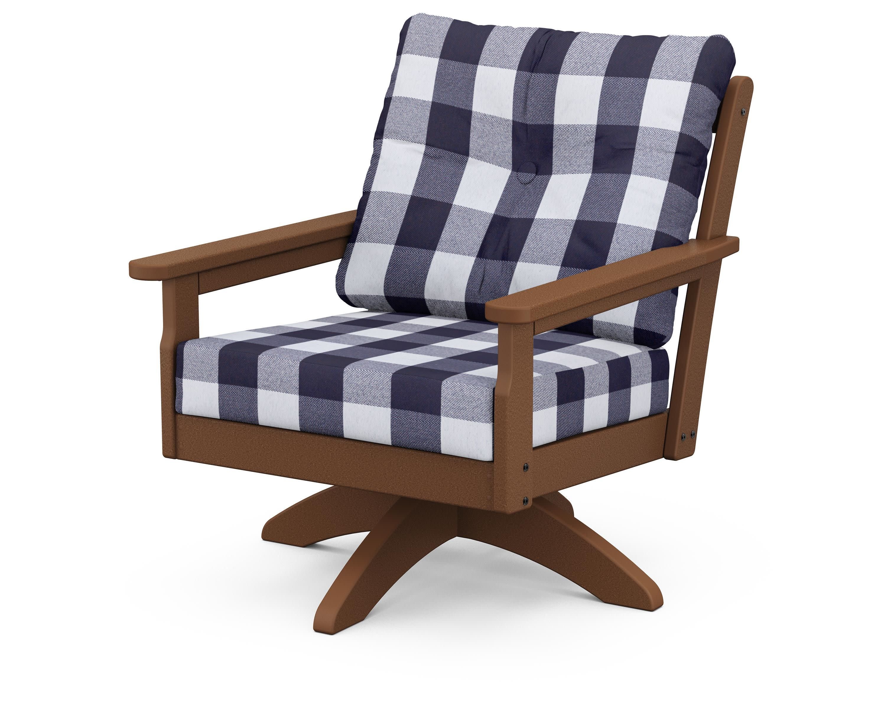 Vineyard Deep Seating Swivel Chair in Teak / Buffalo Plaid Navy