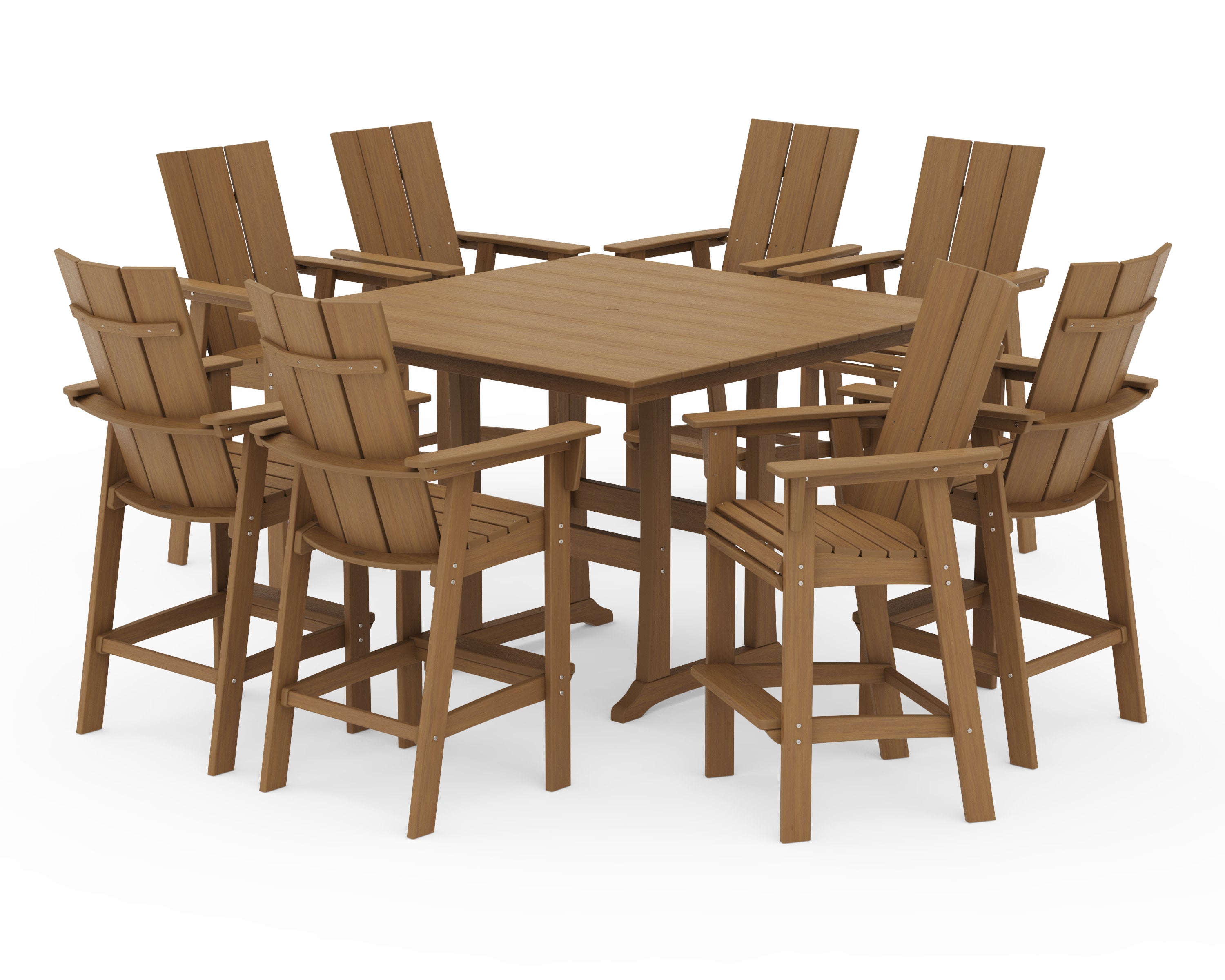 Modern Curveback Adirondack 9-Piece Farmhouse Trestle Bar Set in Natural