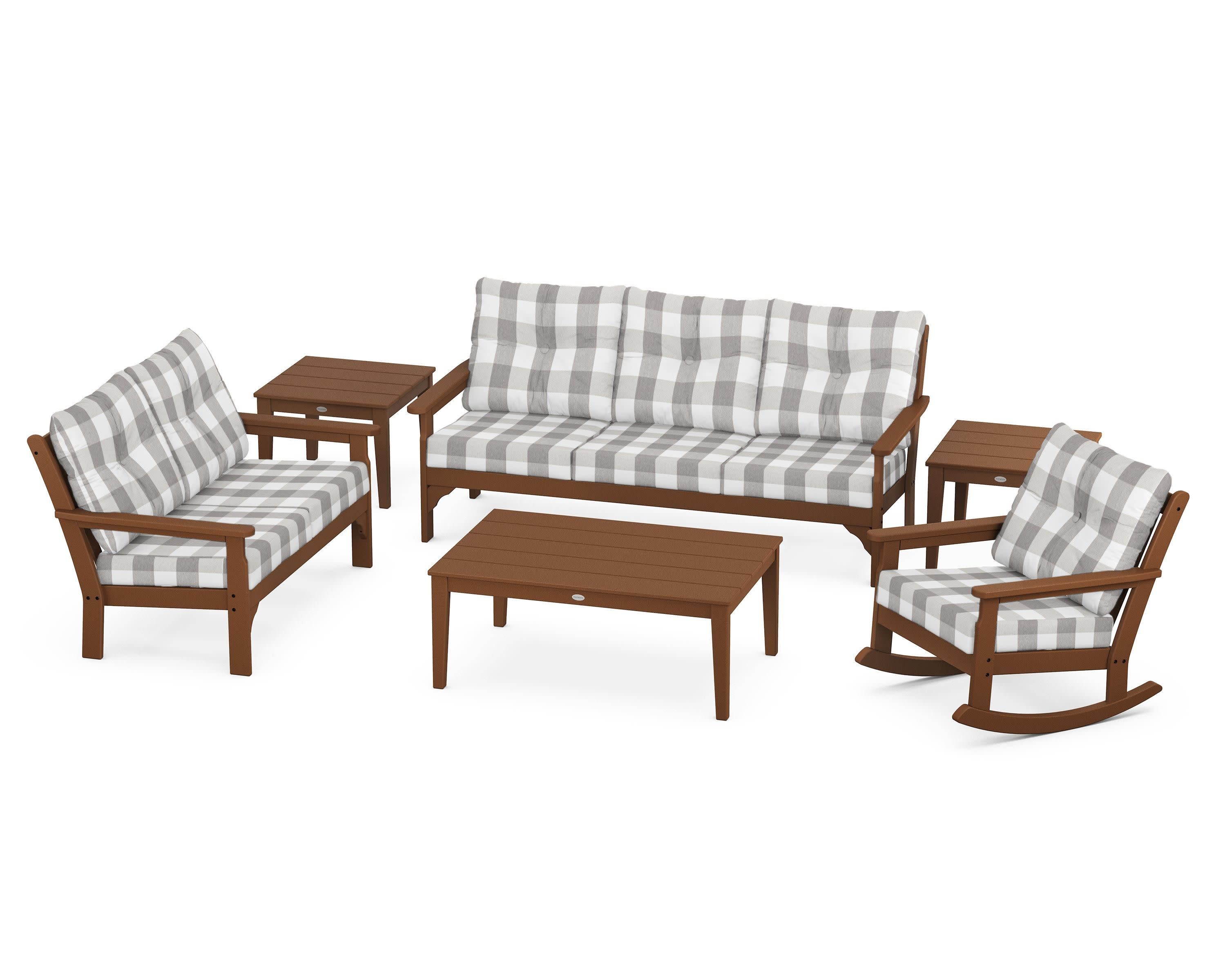 Vineyard 6-Piece Deep Seating Set in Teak / Buffalo Plaid Grey Mist
