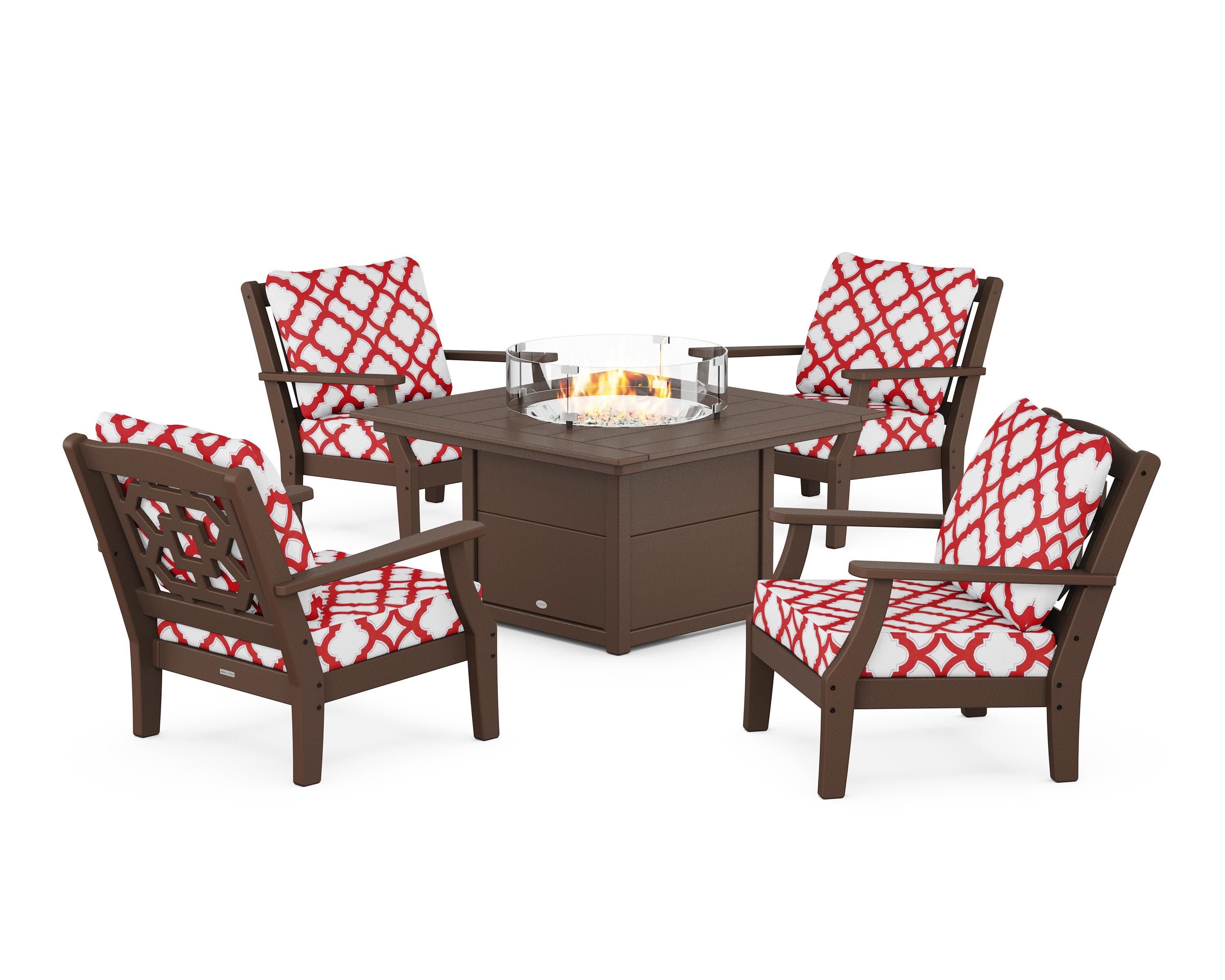 Chinoiserie 5-Piece Deep Seating Set with Fire Pit Table in Mahogany / Trellis Crimson