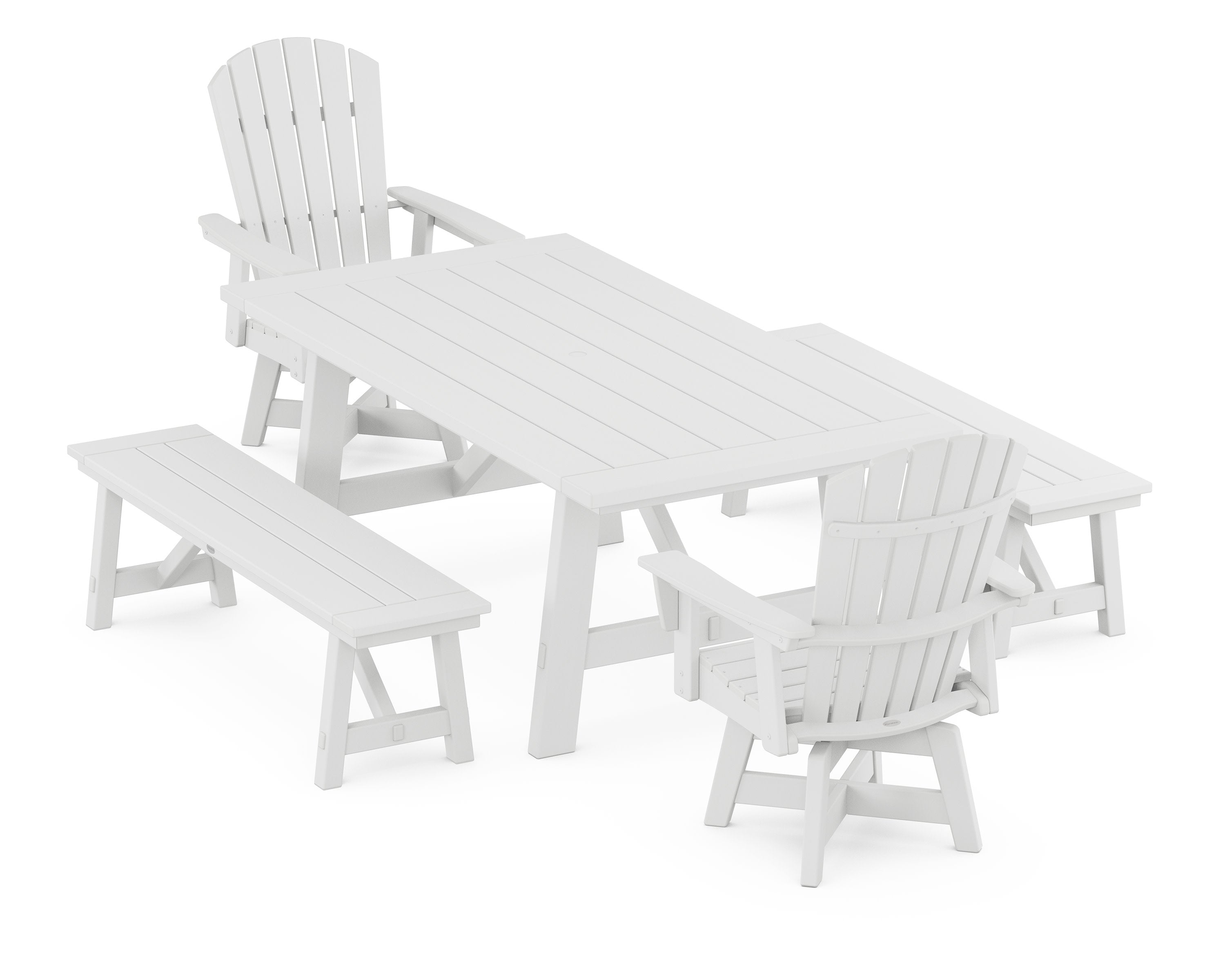 Nautical Curveback Adirondack Swivel Chair 5-Piece Rustic Farmhouse Dining Set With Benches in White