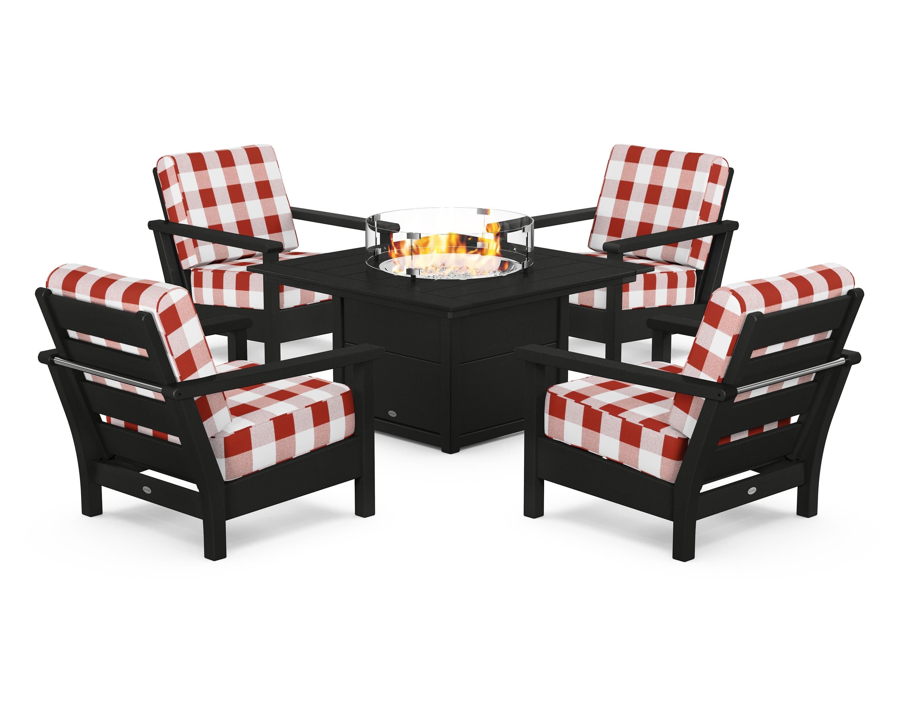 Harbour 5-Piece Conversation Set with Fire Pit Table in Black / Buffalo Plaid Crimson