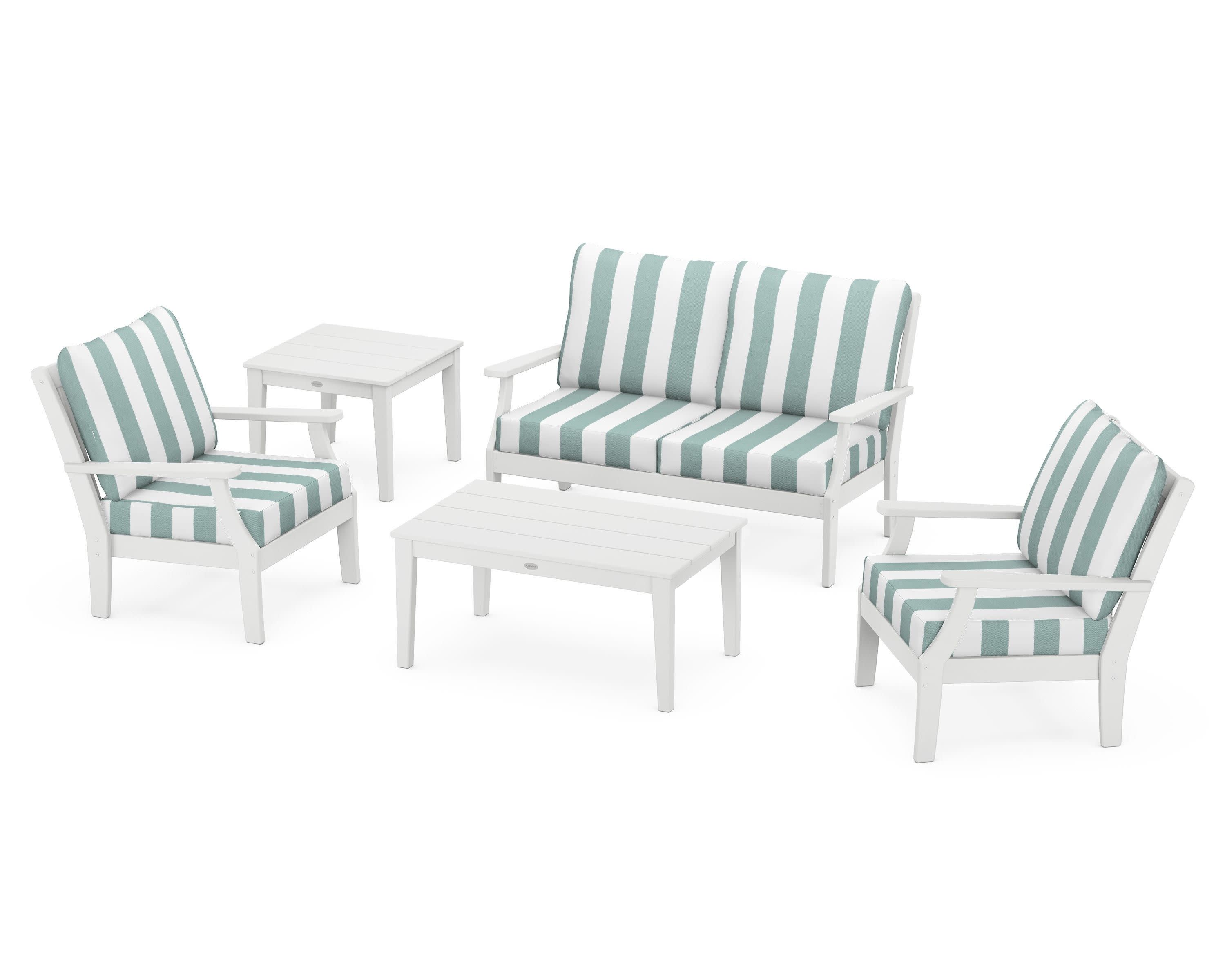 Braxton 5-Piece Deep Seating Set in White / Cabana Stripe Glacier Spa