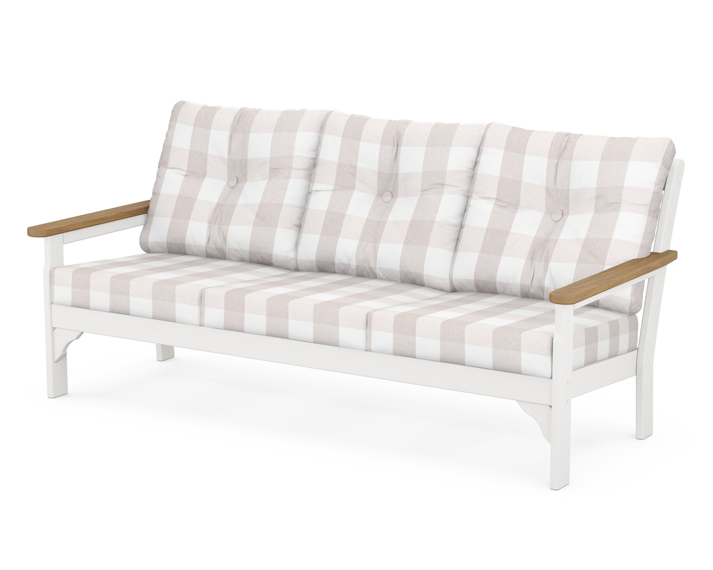 Vineyard Deep Seating Sofa in White / Natural / Buffalo Plaid Dune Burlap
