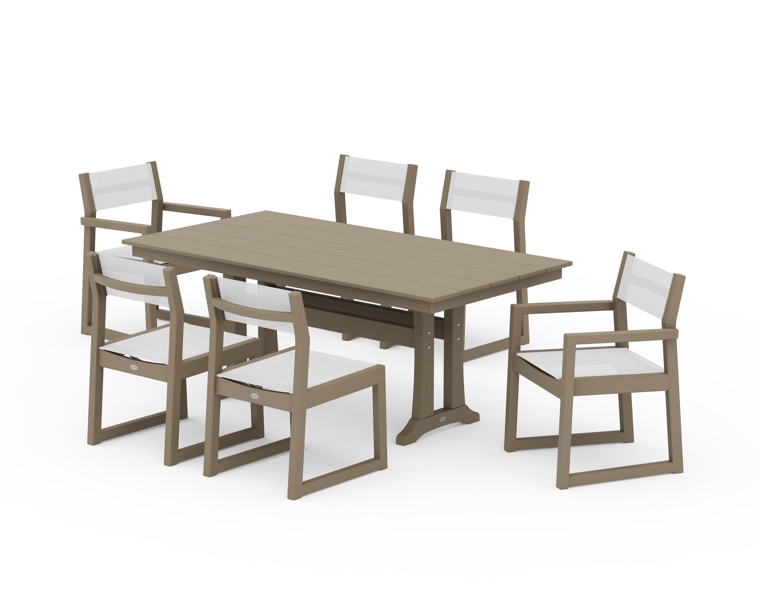EDGE Sling 7-Piece Farmhouse Trestle Dining Set in Vintage Sahara / White Sling