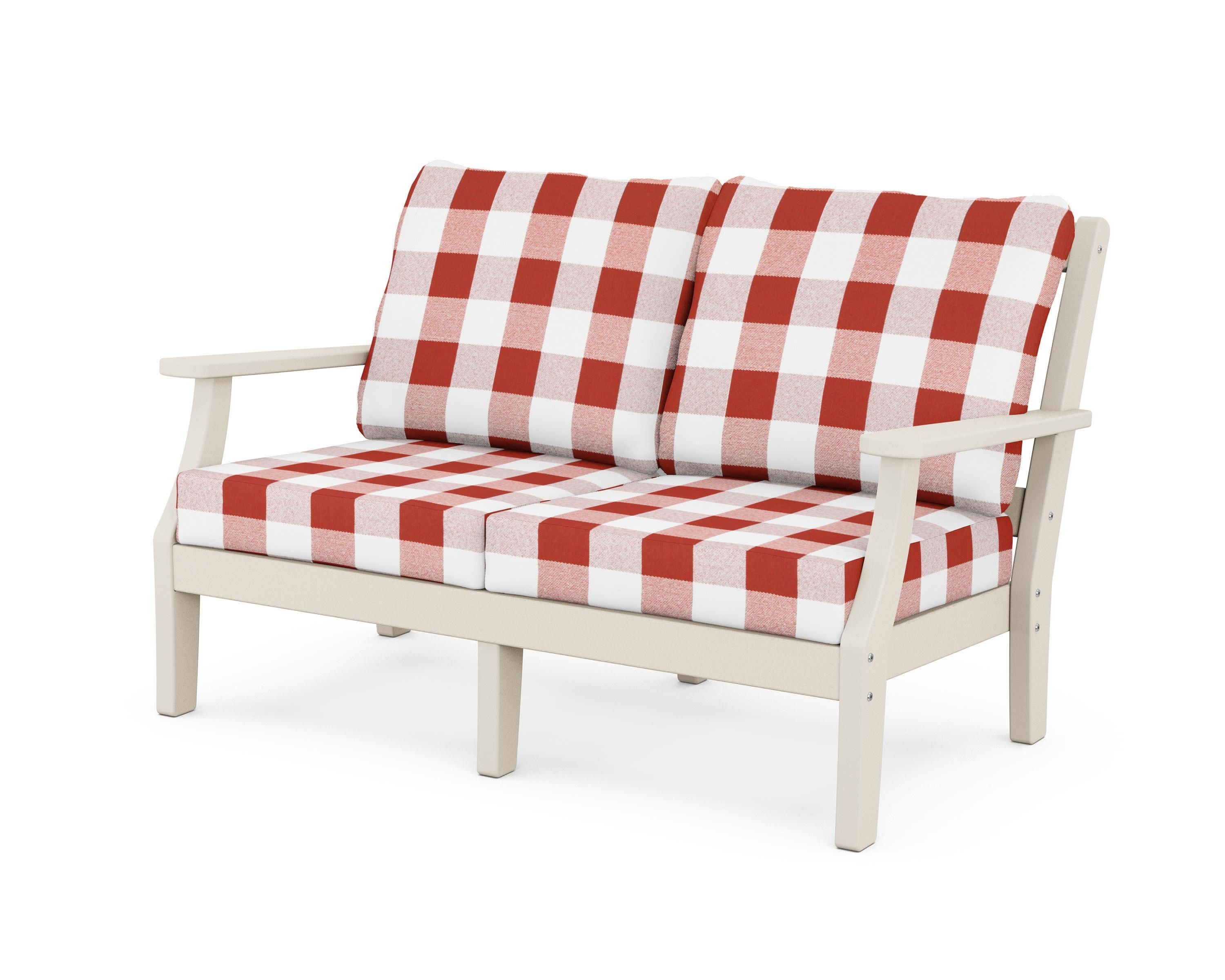 Chinoiserie Deep Seating Loveseat in Sand / Buffalo Plaid Crimson