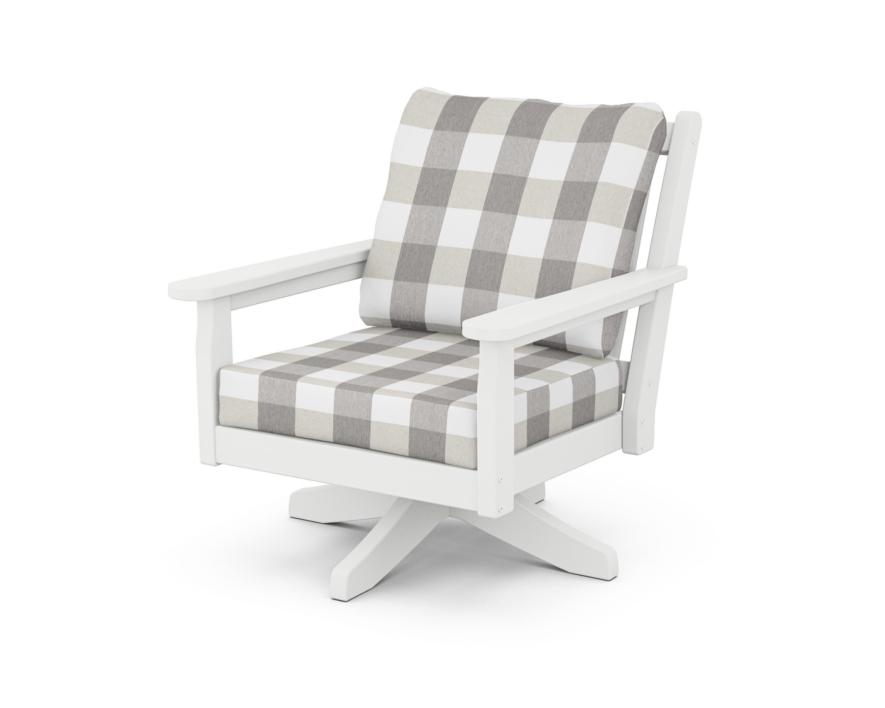 Chippendale Deep Seating Swivel Chair in White / Buffalo Plaid Grey Mist