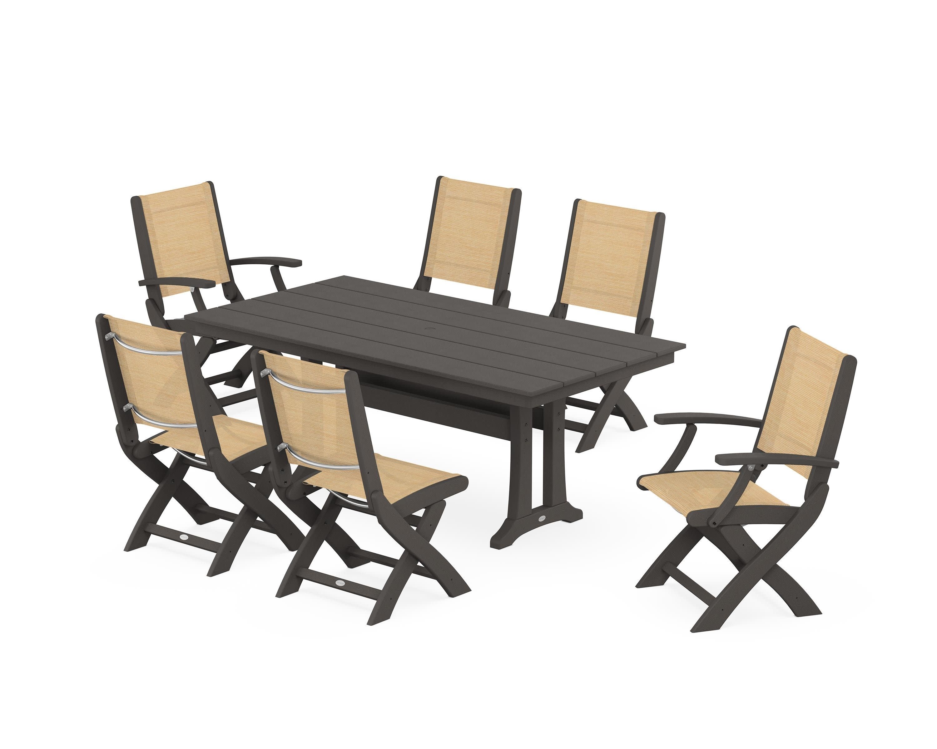 Coastal Folding Chair 7-Piece Farmhouse Dining Set with Trestle Legs in Vintage Coffee / Dupioni Apricot Sling
