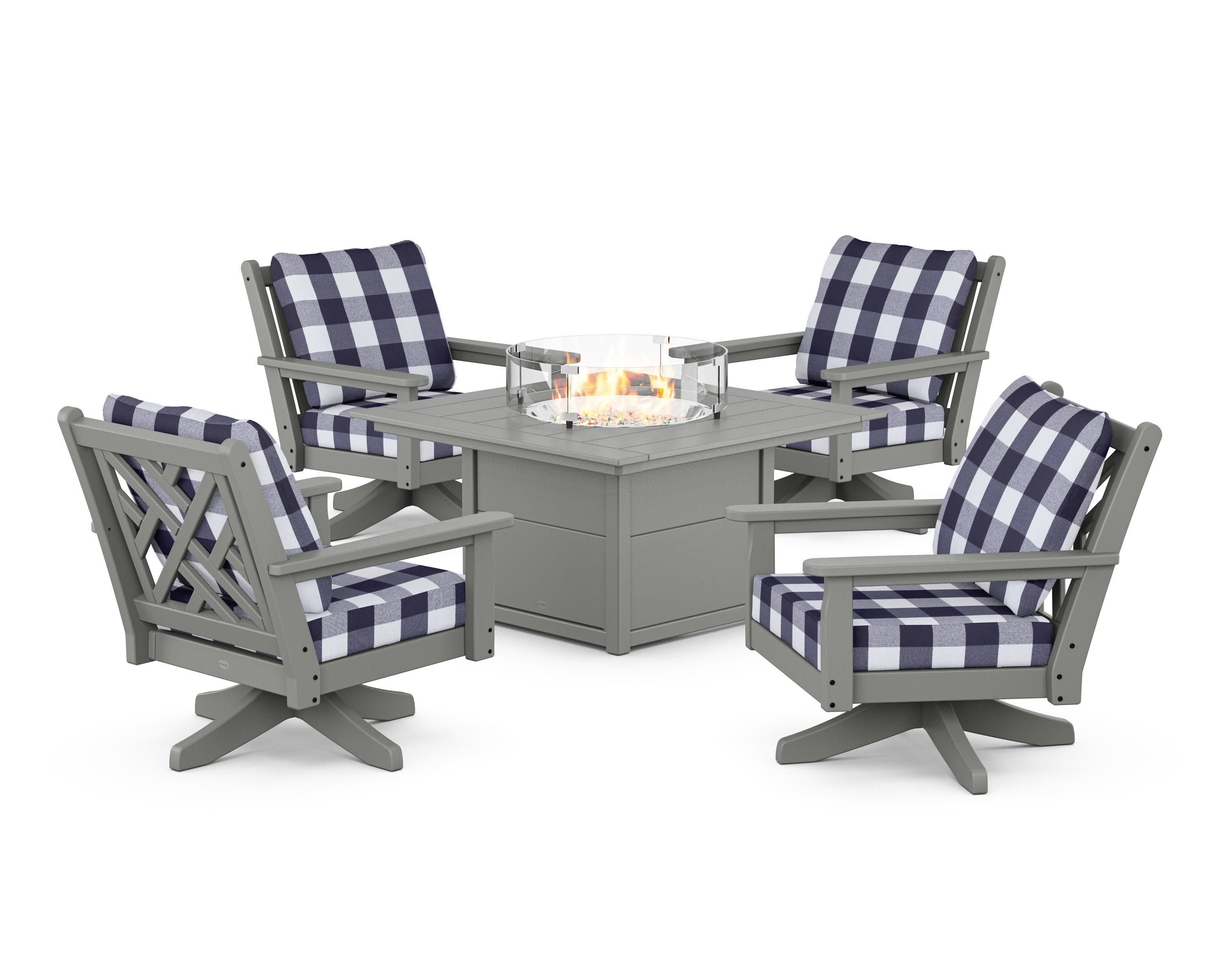 Chippendale 5-Piece Deep Seating Swivel Conversation Set with Fire Pit Table in Slate Grey / Buffalo Plaid Navy