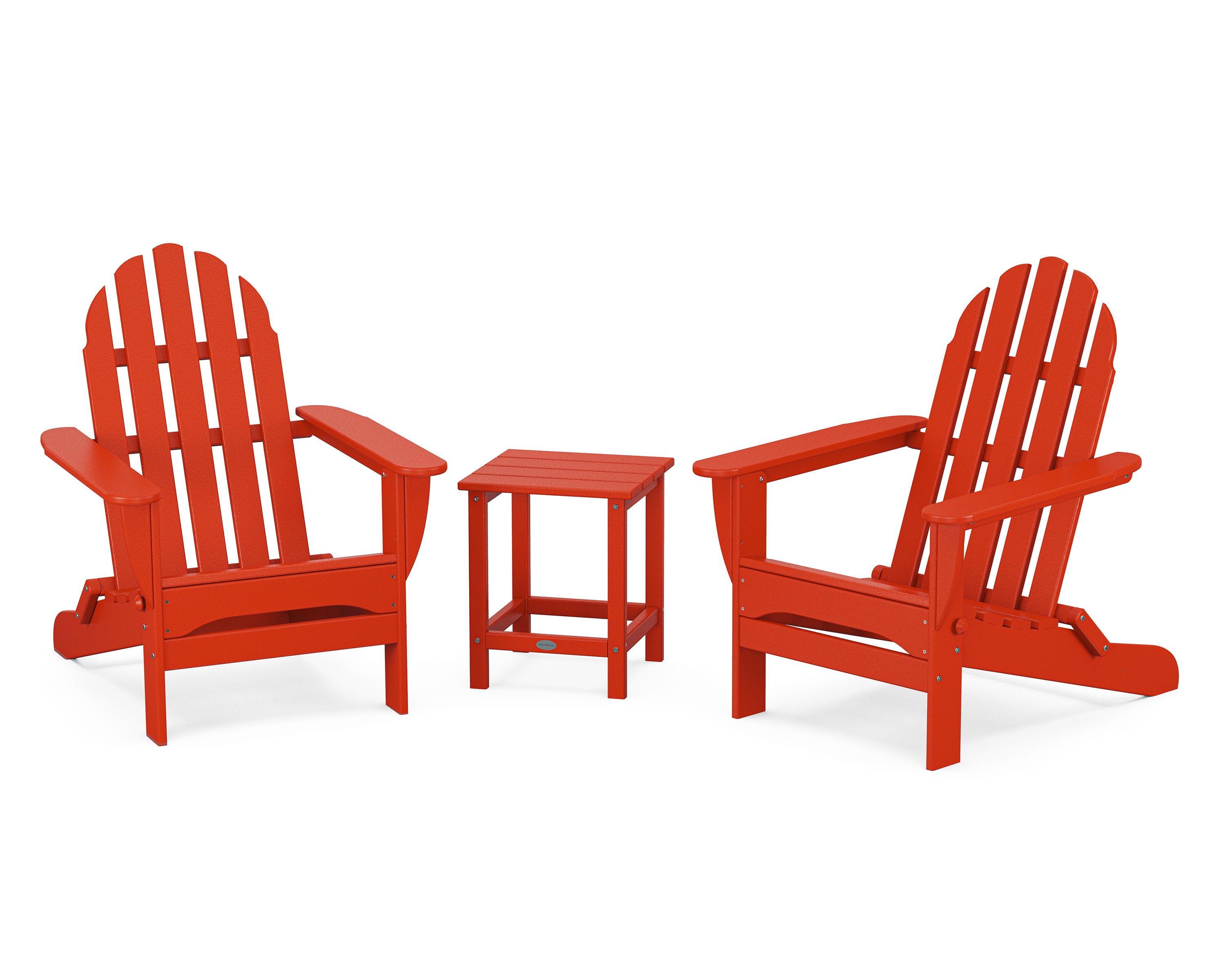 Classic Folding Adirondack 3-Piece Set with Long Island 18" Side Table in Sunset Red