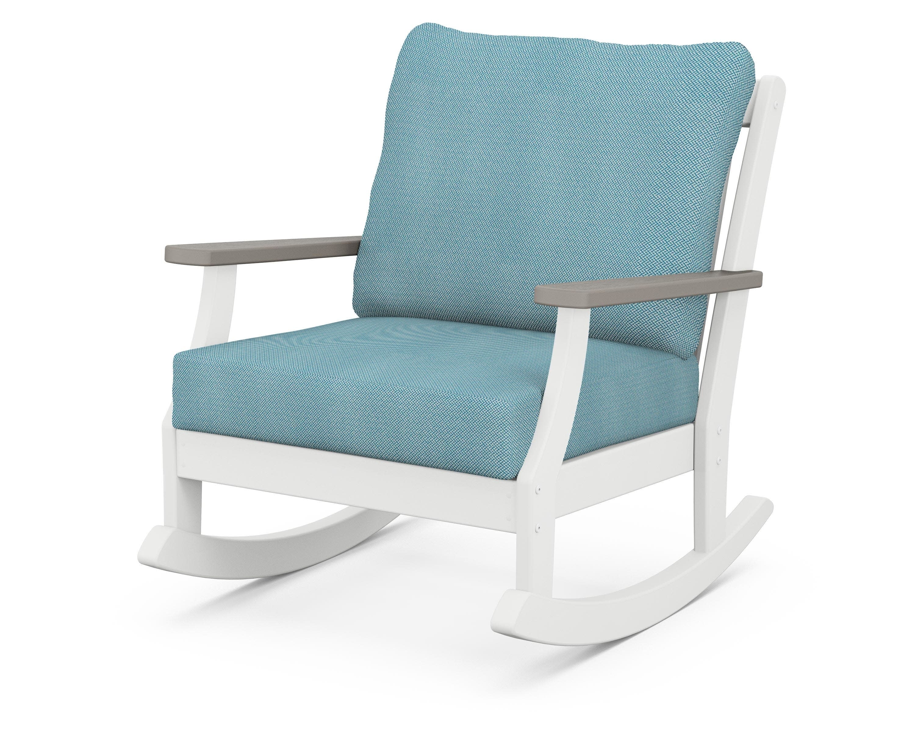 Braxton Deep Seating Rocking Chair in White / Driftwood / Lattice Sky Blue