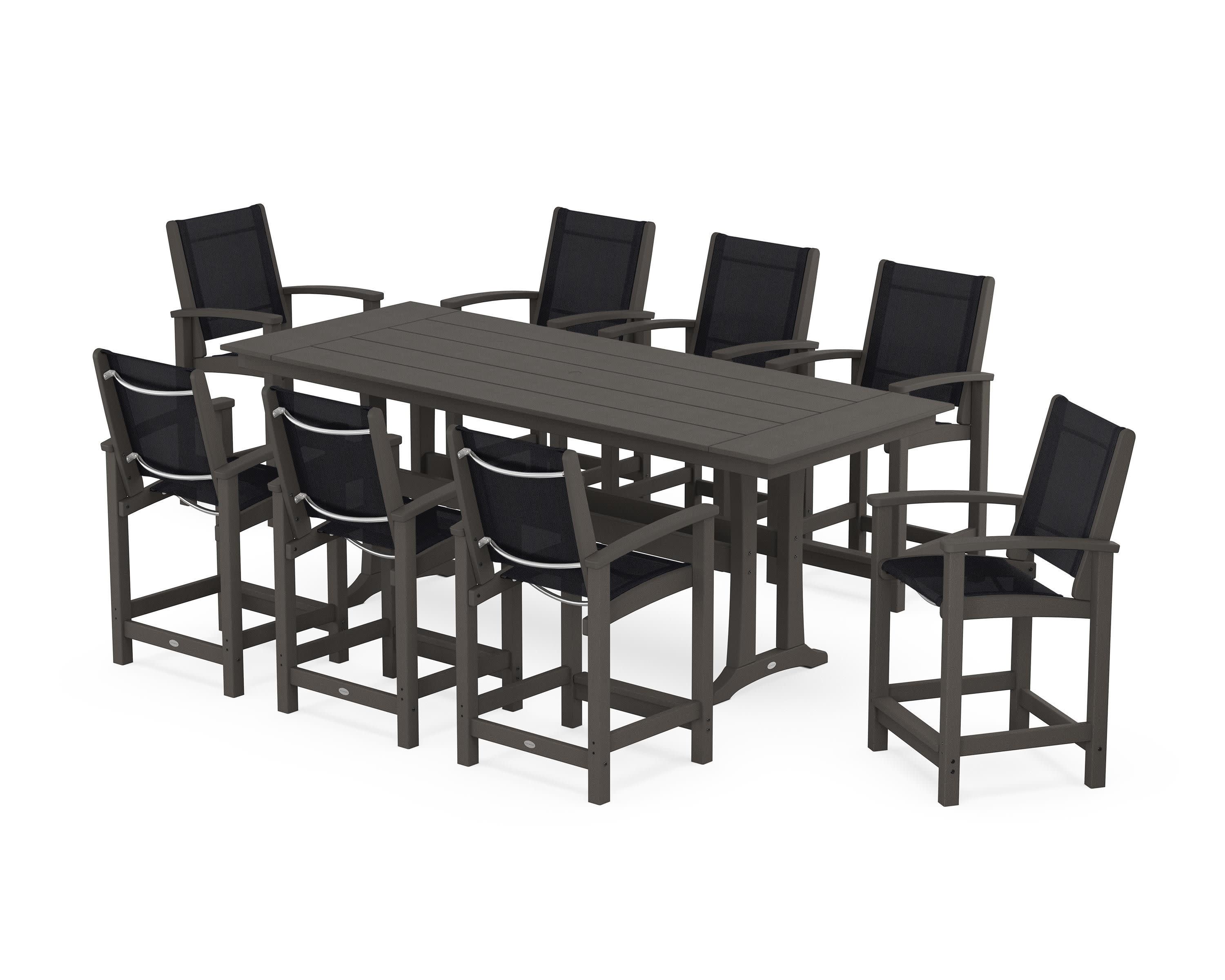 Coastal 9-Piece Farmhouse Counter Set with Trestle Legs in Vintage Coffee / Black Sling