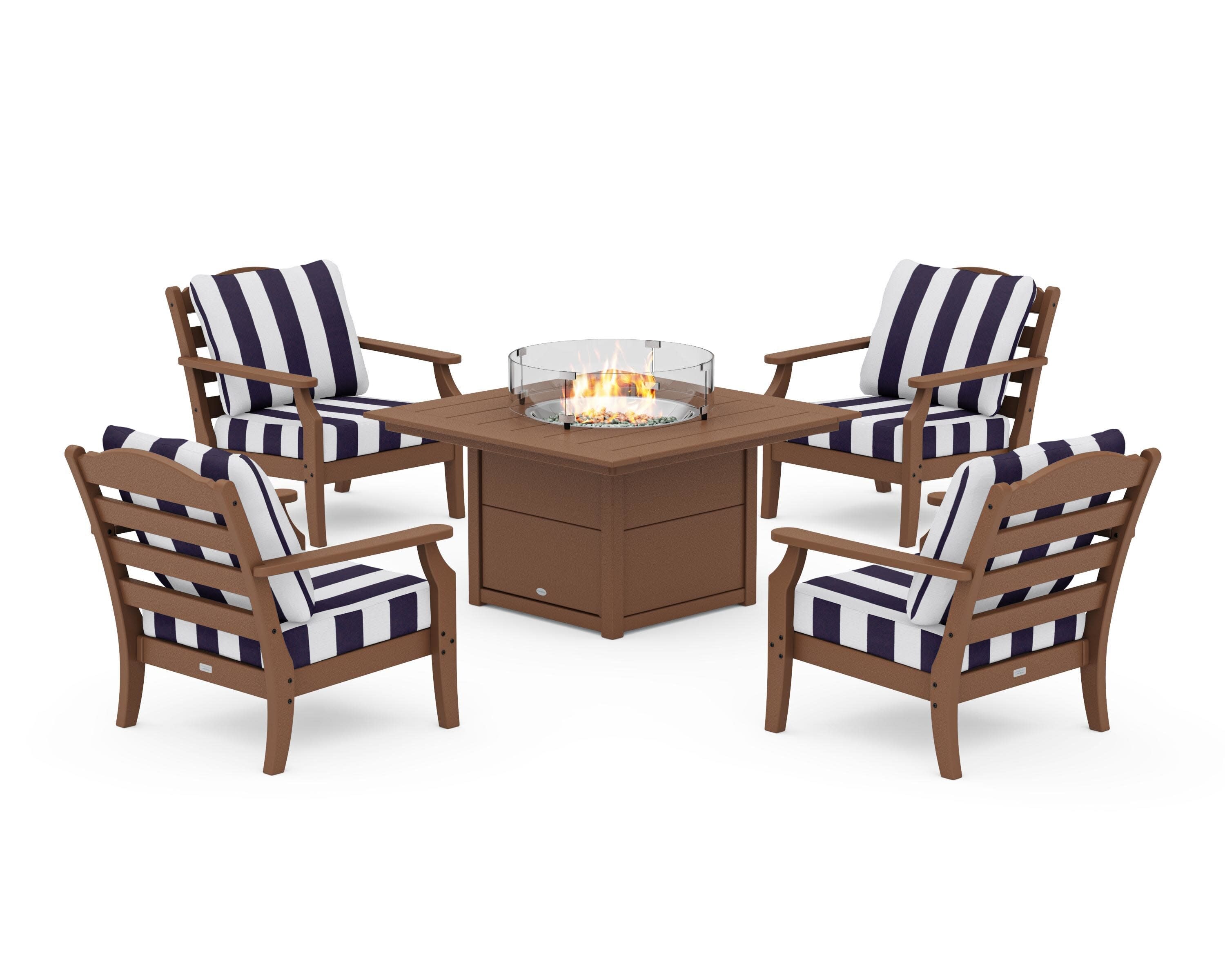 Savannah 5-Piece Deep Seating Set with Fire Pit Table in Teak / Cabana Stripe Navy
