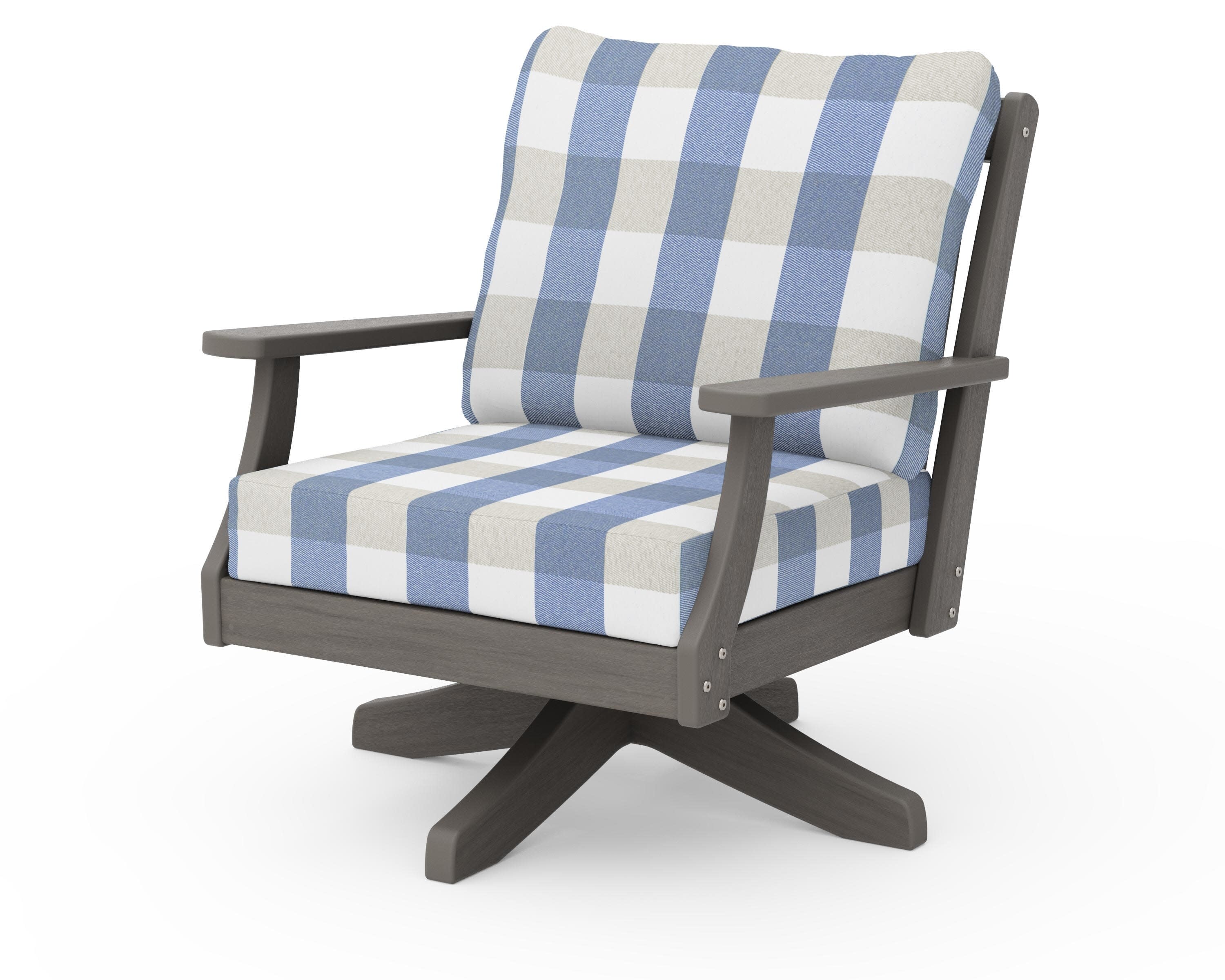 Braxton Deep Seating Swivel Chair in Driftwood / Buffalo Plaid Sky Blue