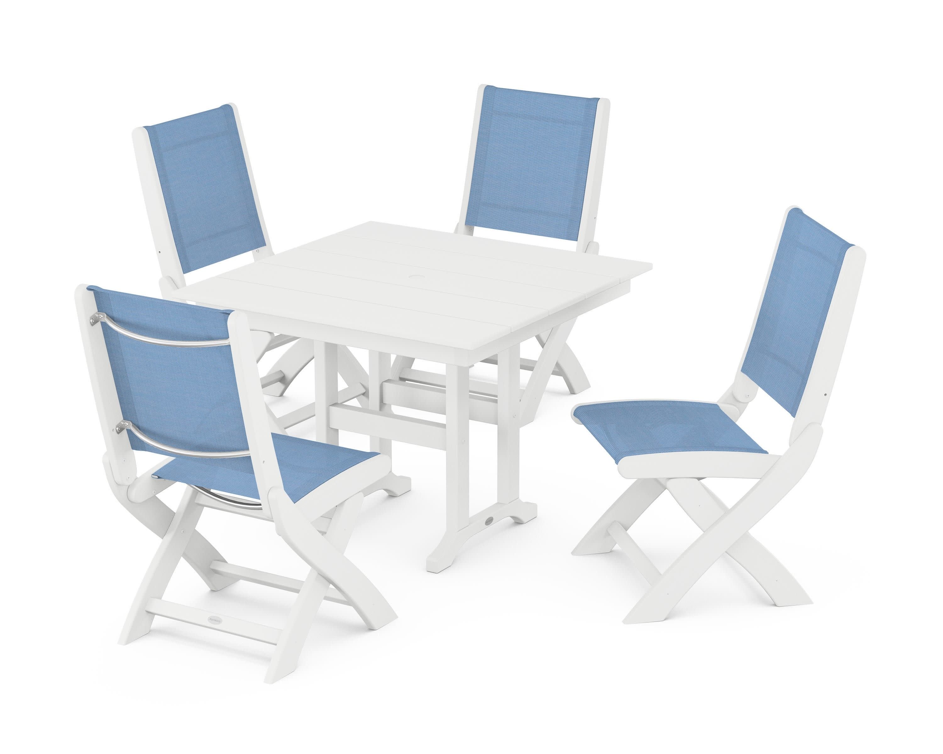 Coastal Folding Side Chair 5-Piece Farmhouse Dining Set in White / Poolside Sling