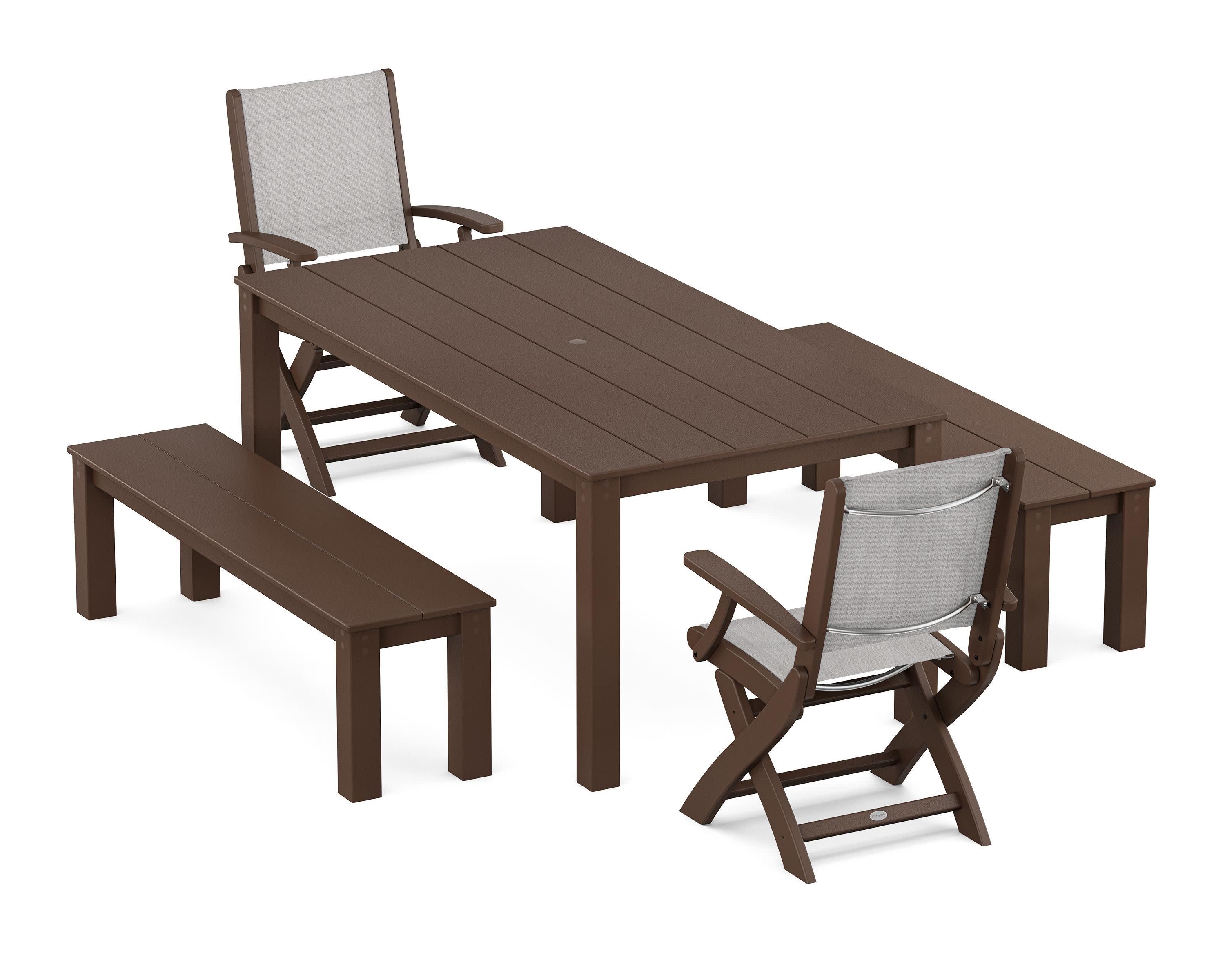 Coastal Folding Chair 5-Piece Parsons Dining Set with Benches in Mahogany / Parchment Sling