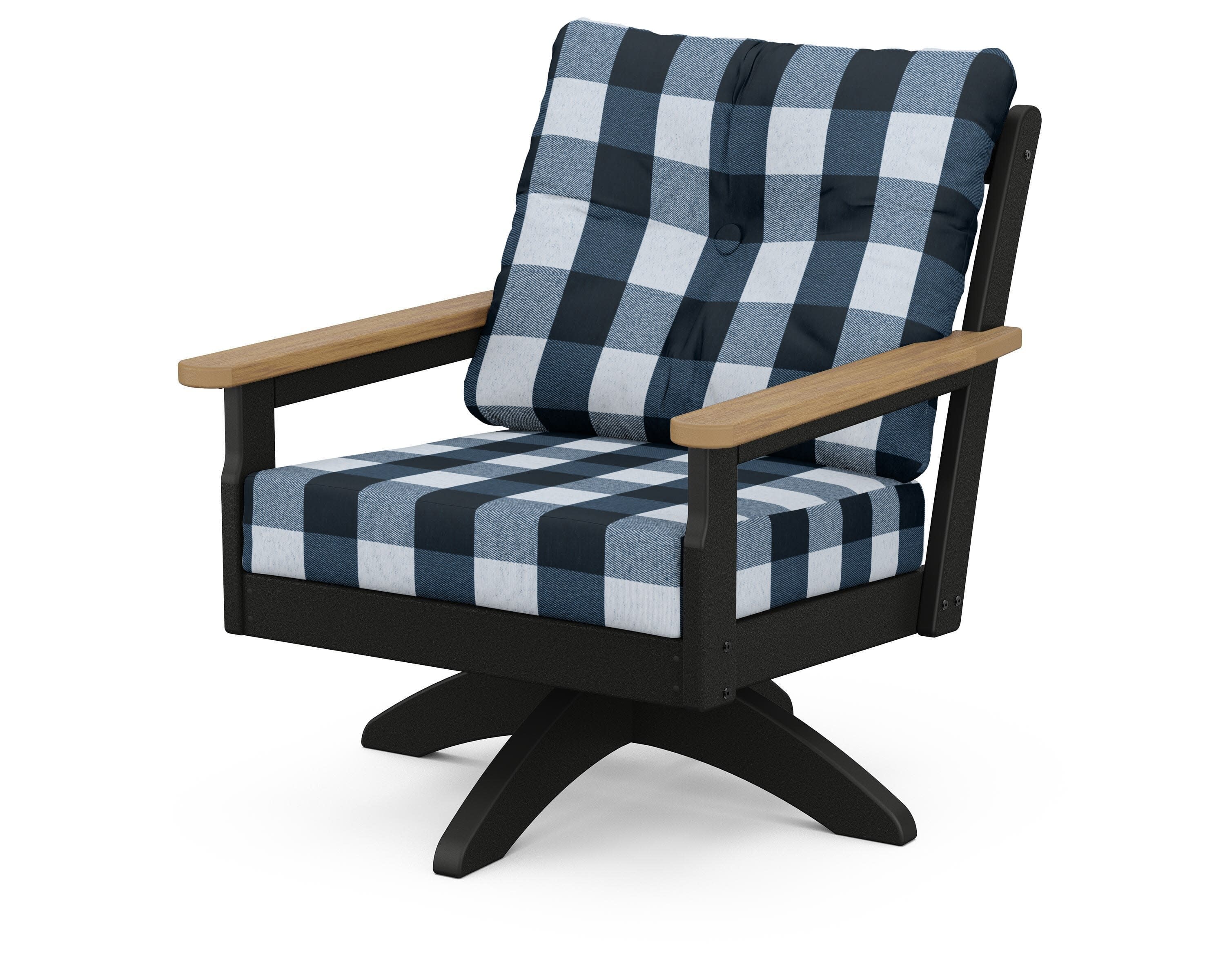 Vineyard Deep Seating Swivel Chair in Black / Natural / Buffalo Plaid Marine Indigo