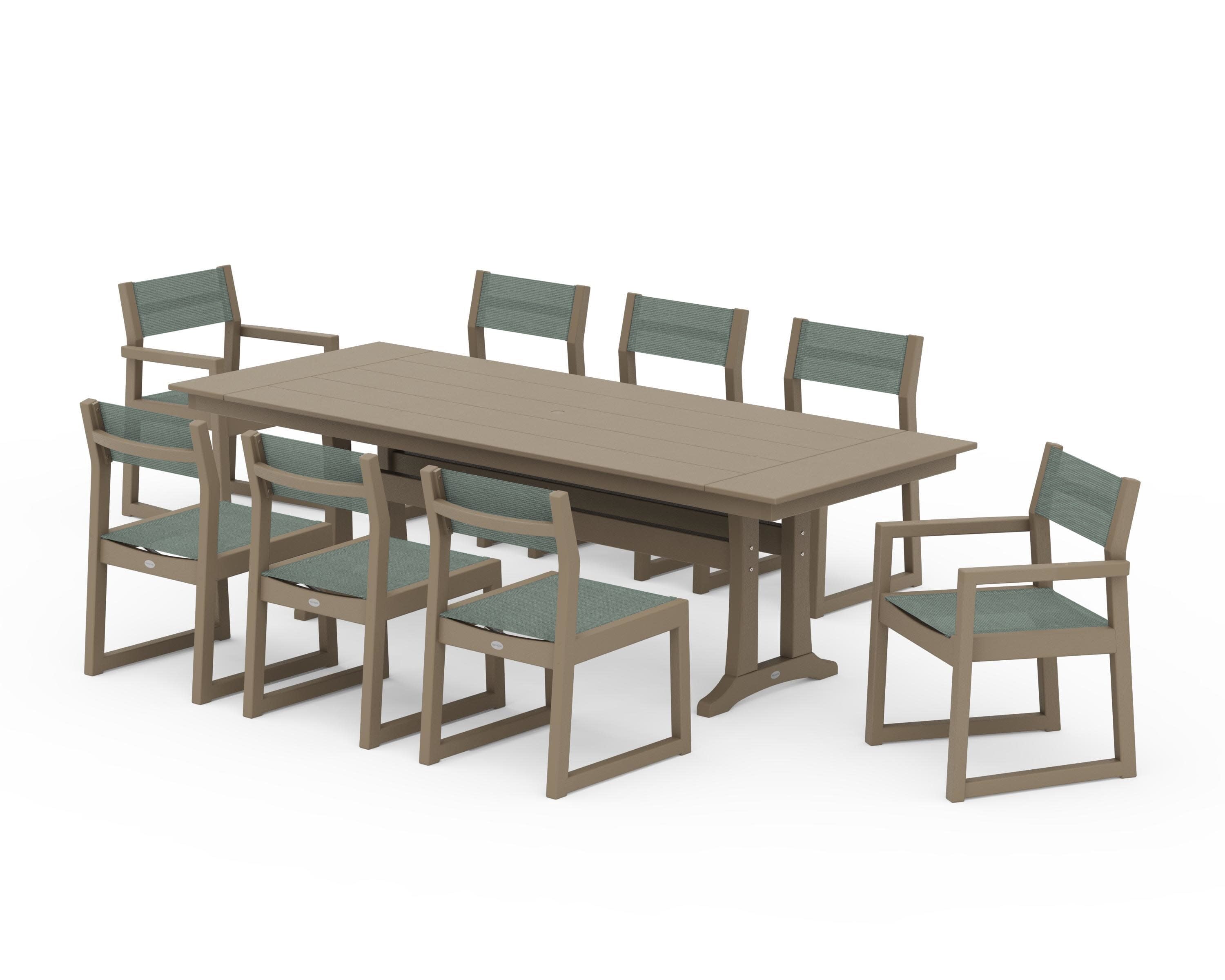 EDGE Sling 9-Piece Farmhouse Trestle Dining Set in Vintage Sahara / Dupioni Sea Mist Sling