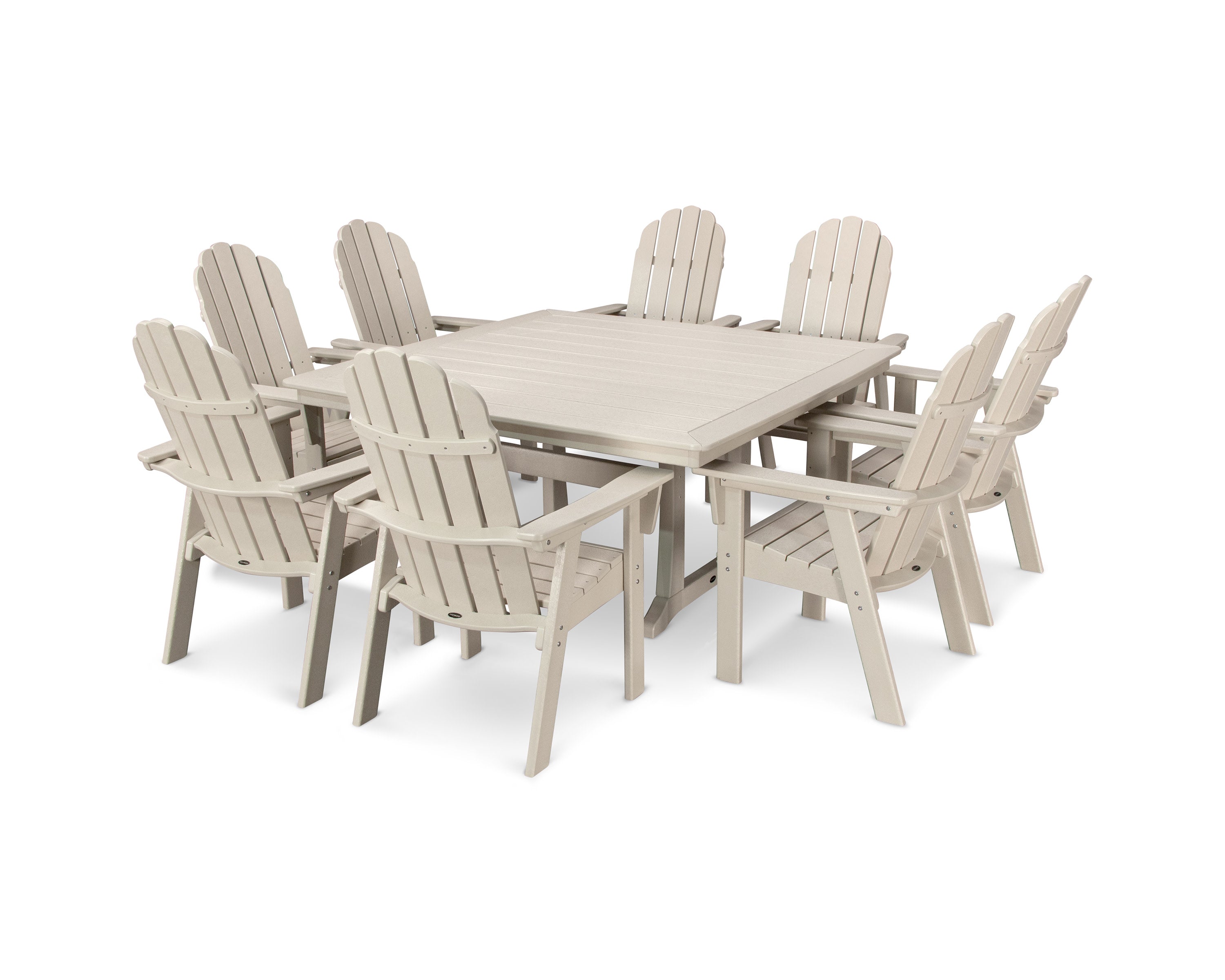 Vineyard Curveback Adirondack 9-Piece Nautical Trestle Dining Set in Sand