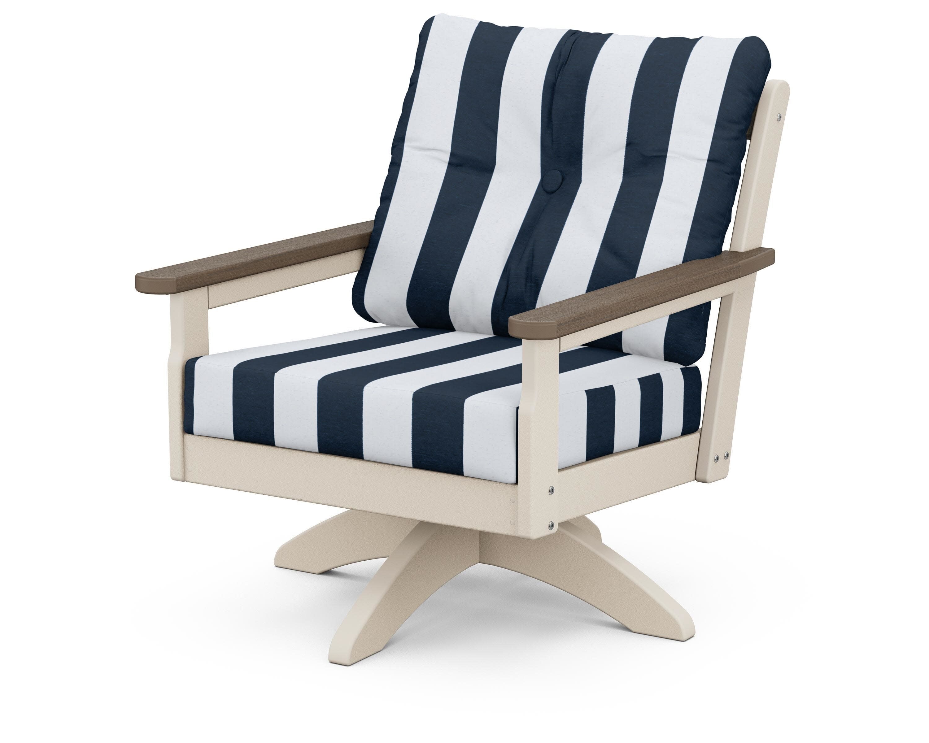 Vineyard Deep Seating Swivel Chair in Sand / Kona / Cabana Stripe Marine Indigo