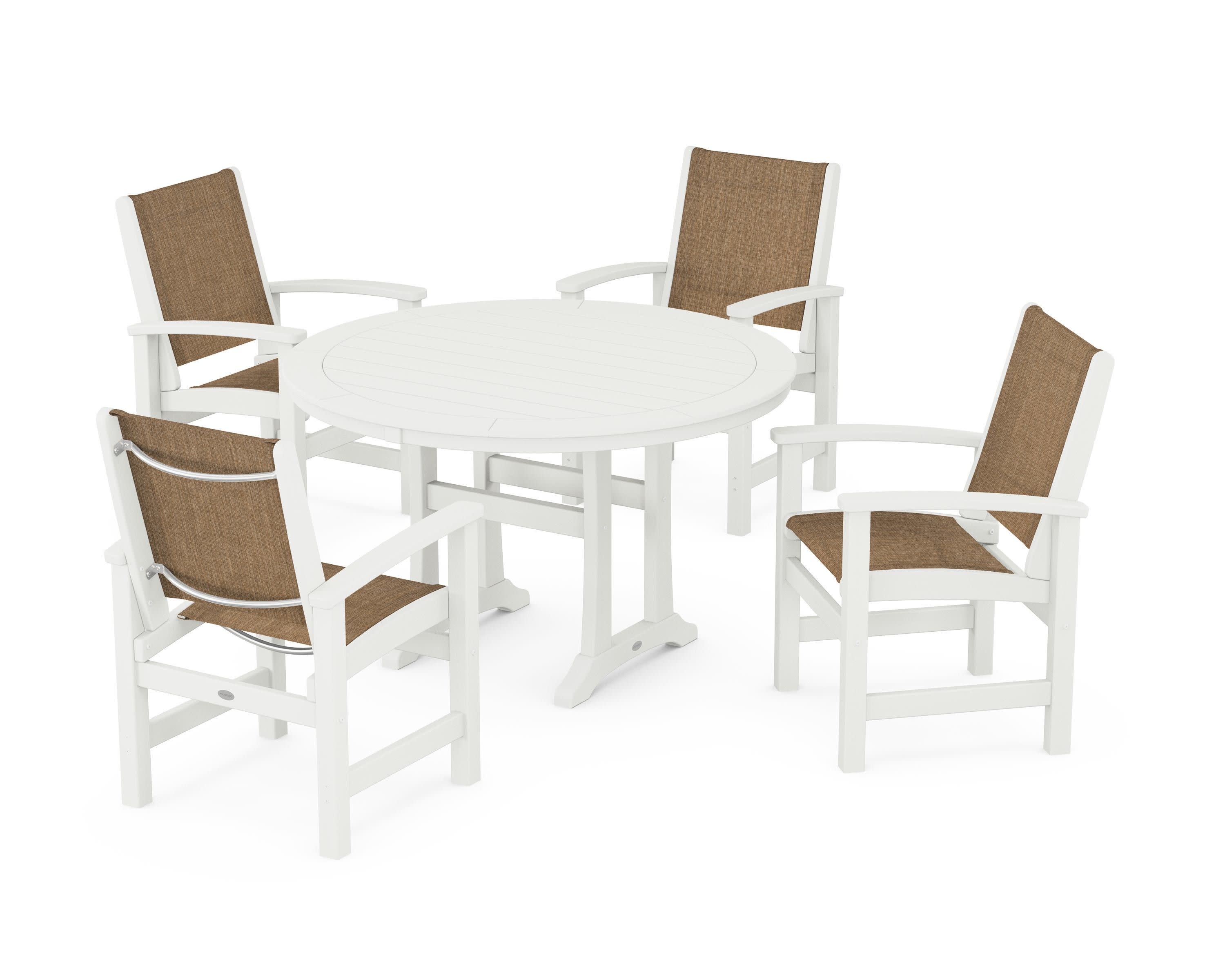 Coastal 5-Piece Round Dining Set with Trestle Legs in Vintage White / Burlap Sling