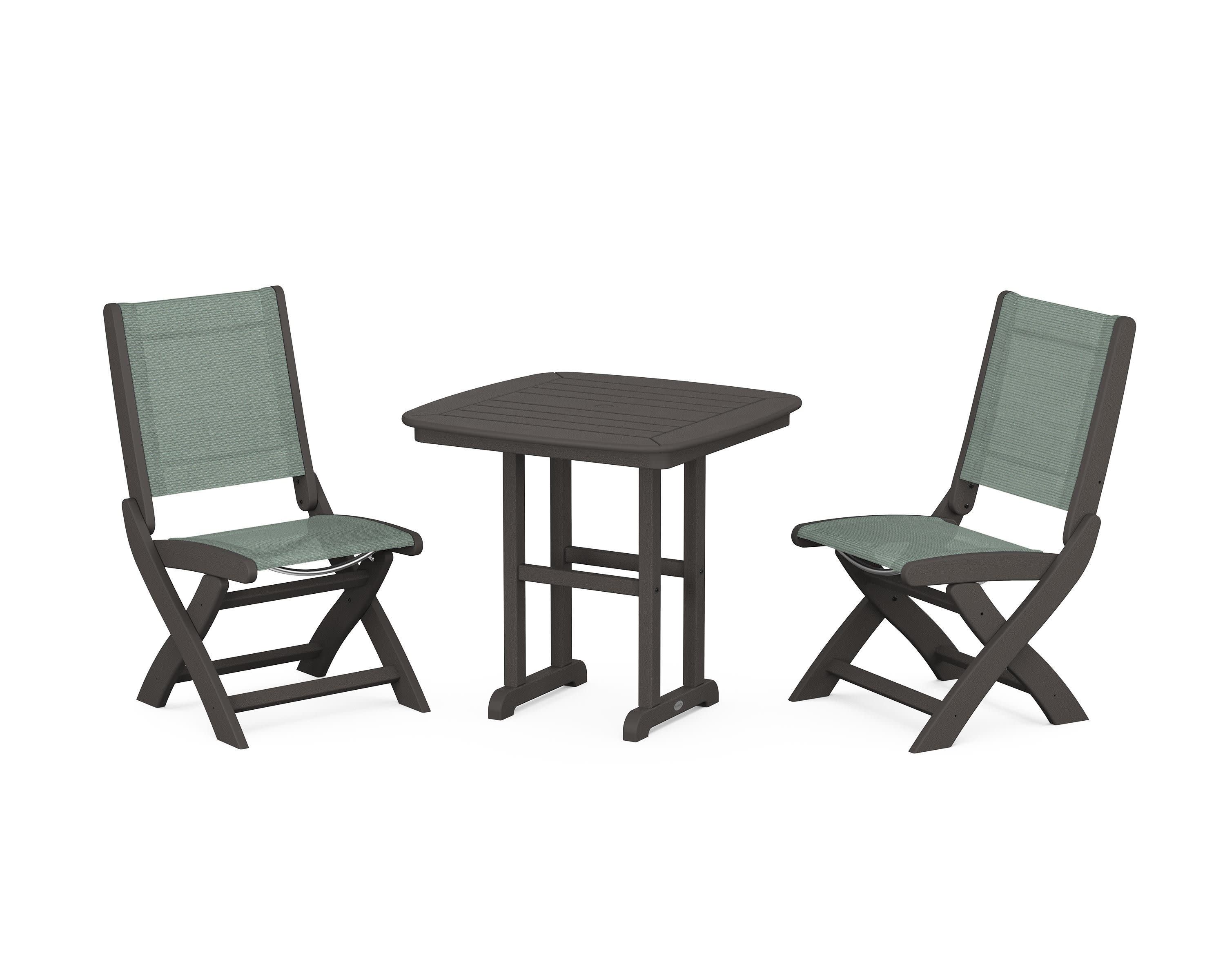 Coastal Folding Side Chair 3-Piece Dining Set in Vintage Coffee / Dupioni Sea Mist Sling
