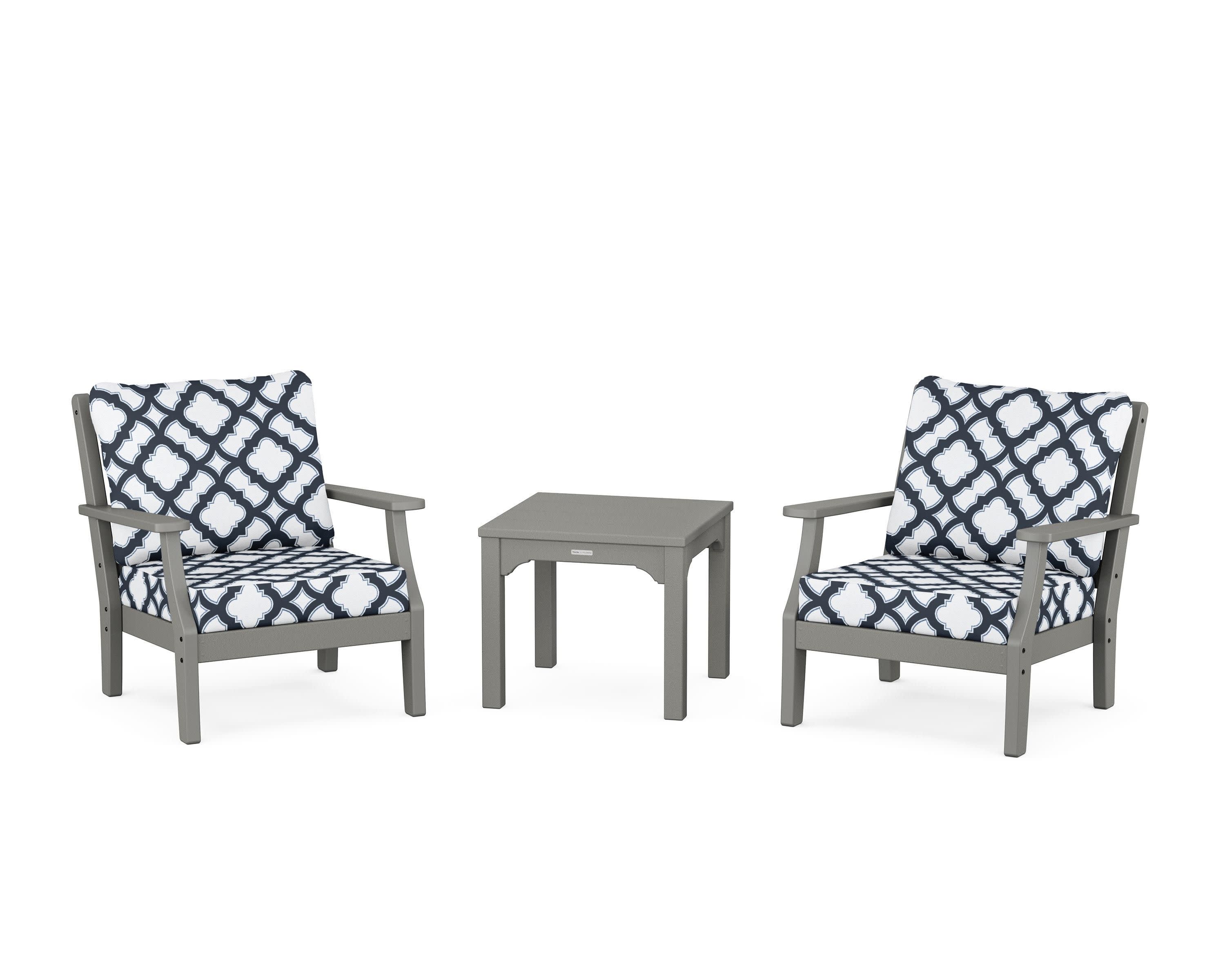 Chinoiserie 3-Piece Deep Seating Set in Slate Grey / Trellis Marine Indigo
