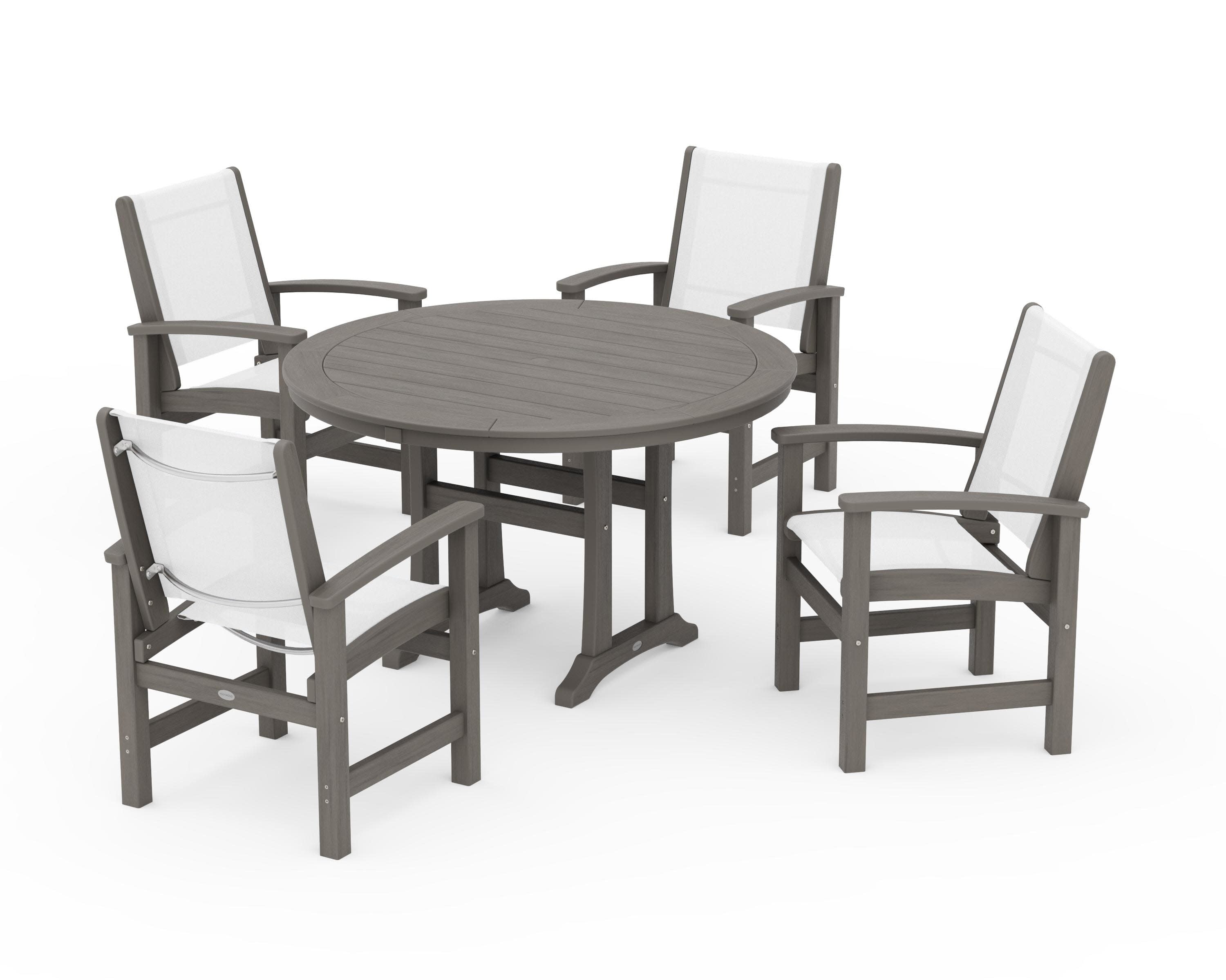 Coastal 5-Piece Round Dining Set with Trestle Legs in Driftwood / White Sling