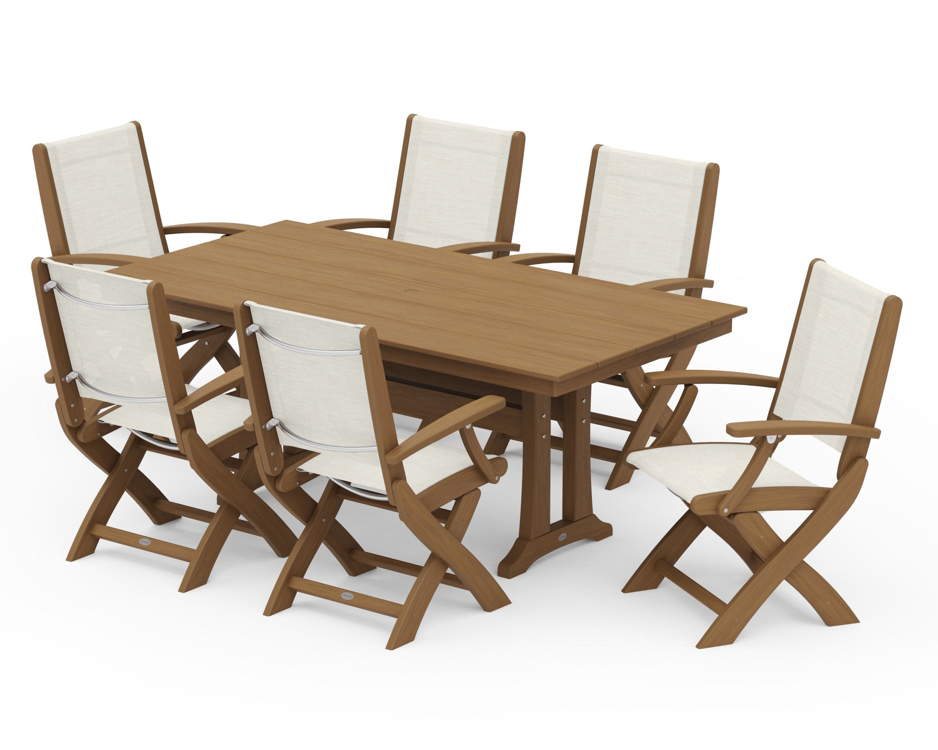 Coastal Folding Arm Chair 7-Piece Farmhouse Dining Set with Trestle Legs in Natural / Parchment Sling