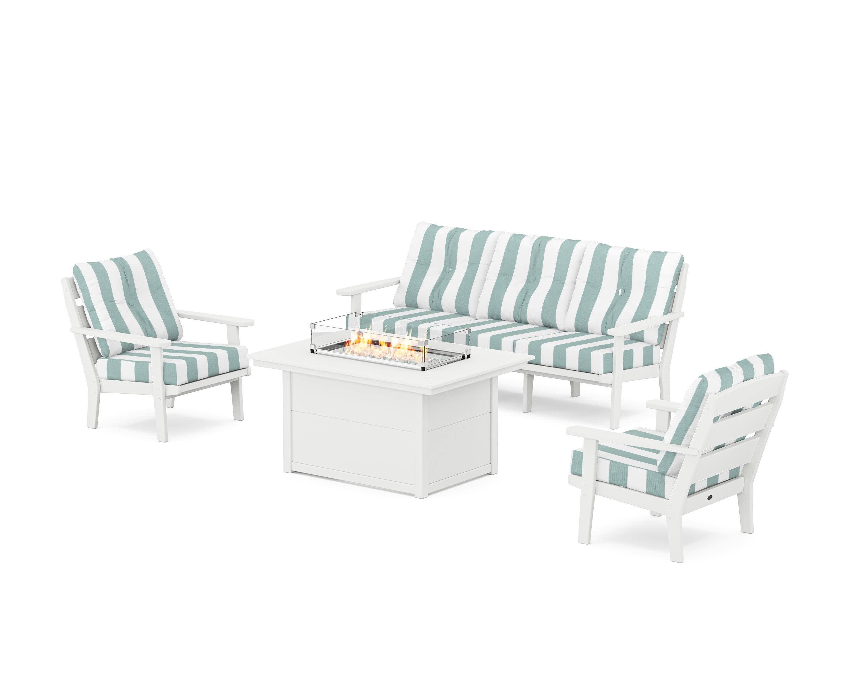 Lakeside Deep Seating Fire Pit Table Set in White / Cabana Stripe Glacier Spa