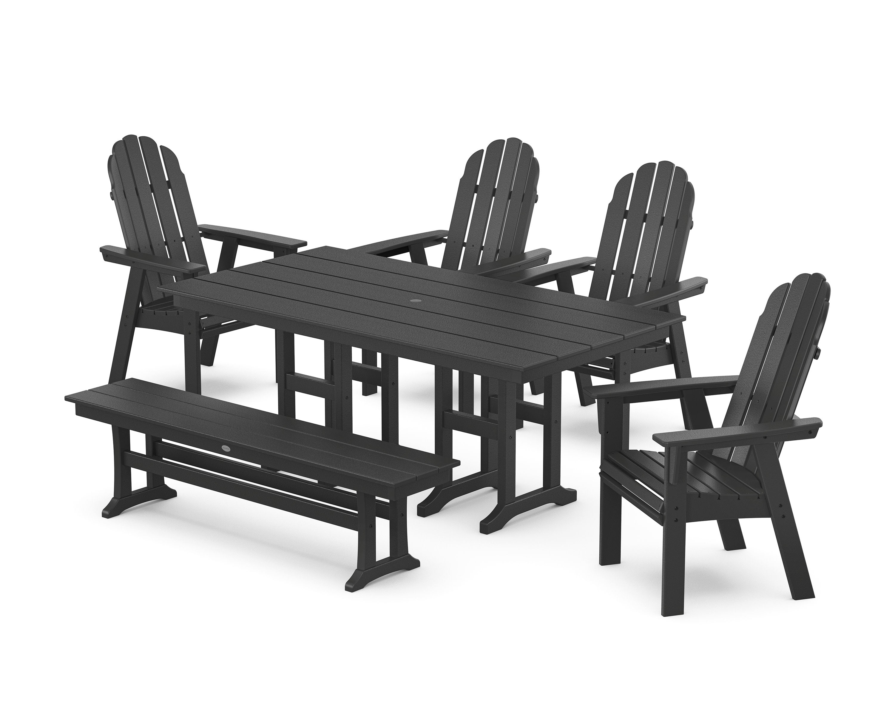 Vineyard Curveback Adirondack Chair 6-Piece Farmhouse Dining Set with Bench in Black