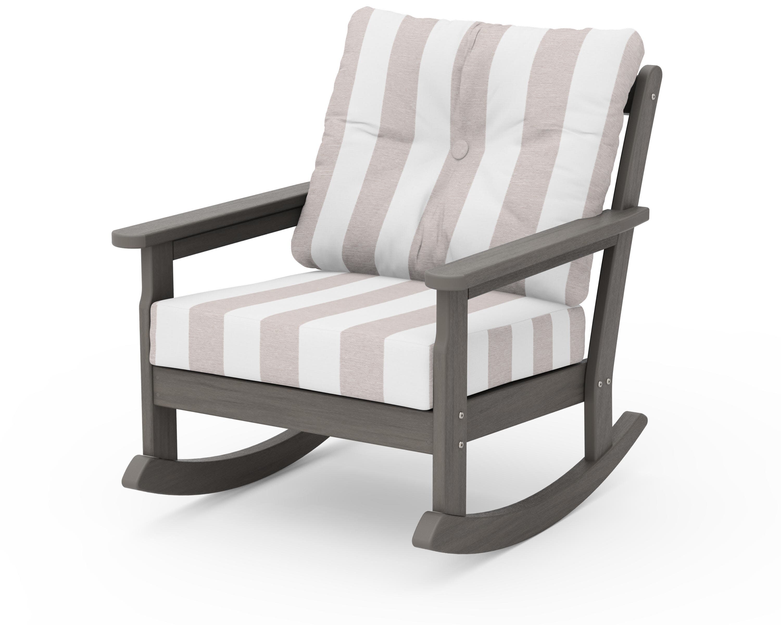 Vineyard Deep Seating Rocking Chair in Driftwood / Cabana Stripe Dune Burlap