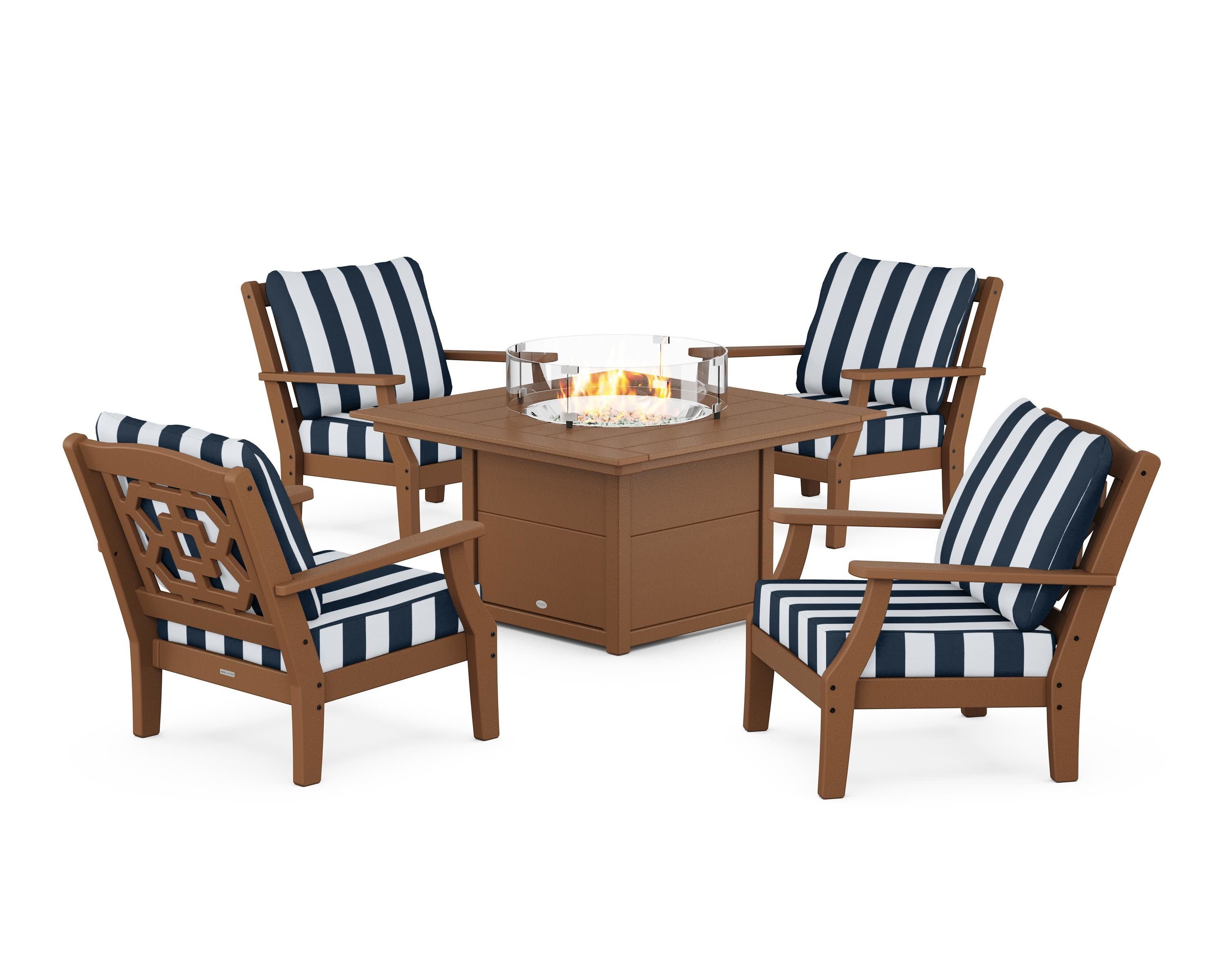 Chinoiserie 5-Piece Deep Seating Set with Fire Pit Table in Teak / Cabana Stripe Marine Indigo