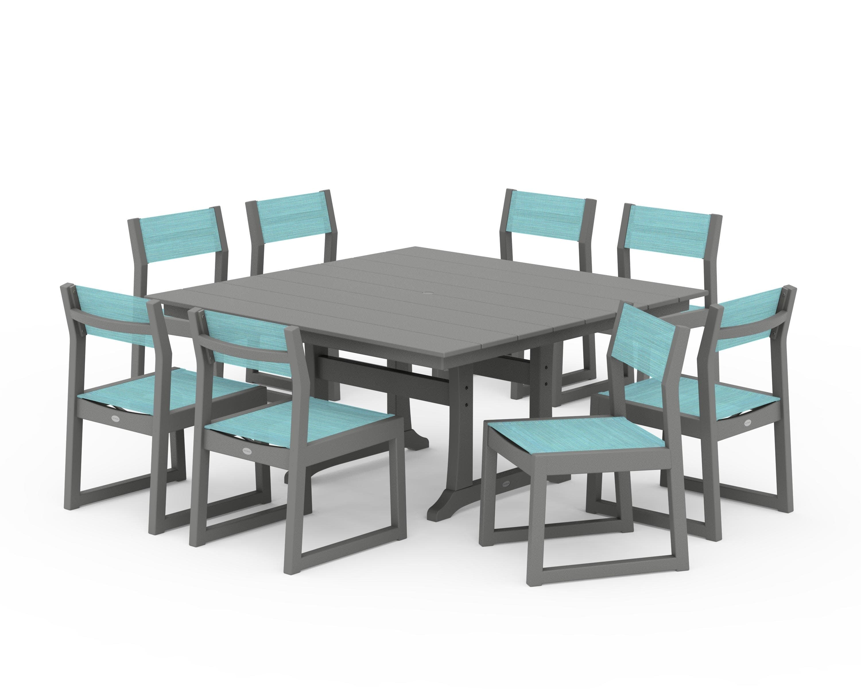 EDGE Sling Side Chair 9-Piece Farmhouse Trestle Dining Set in Slate Grey / Dupioni Aquamarine Sling
