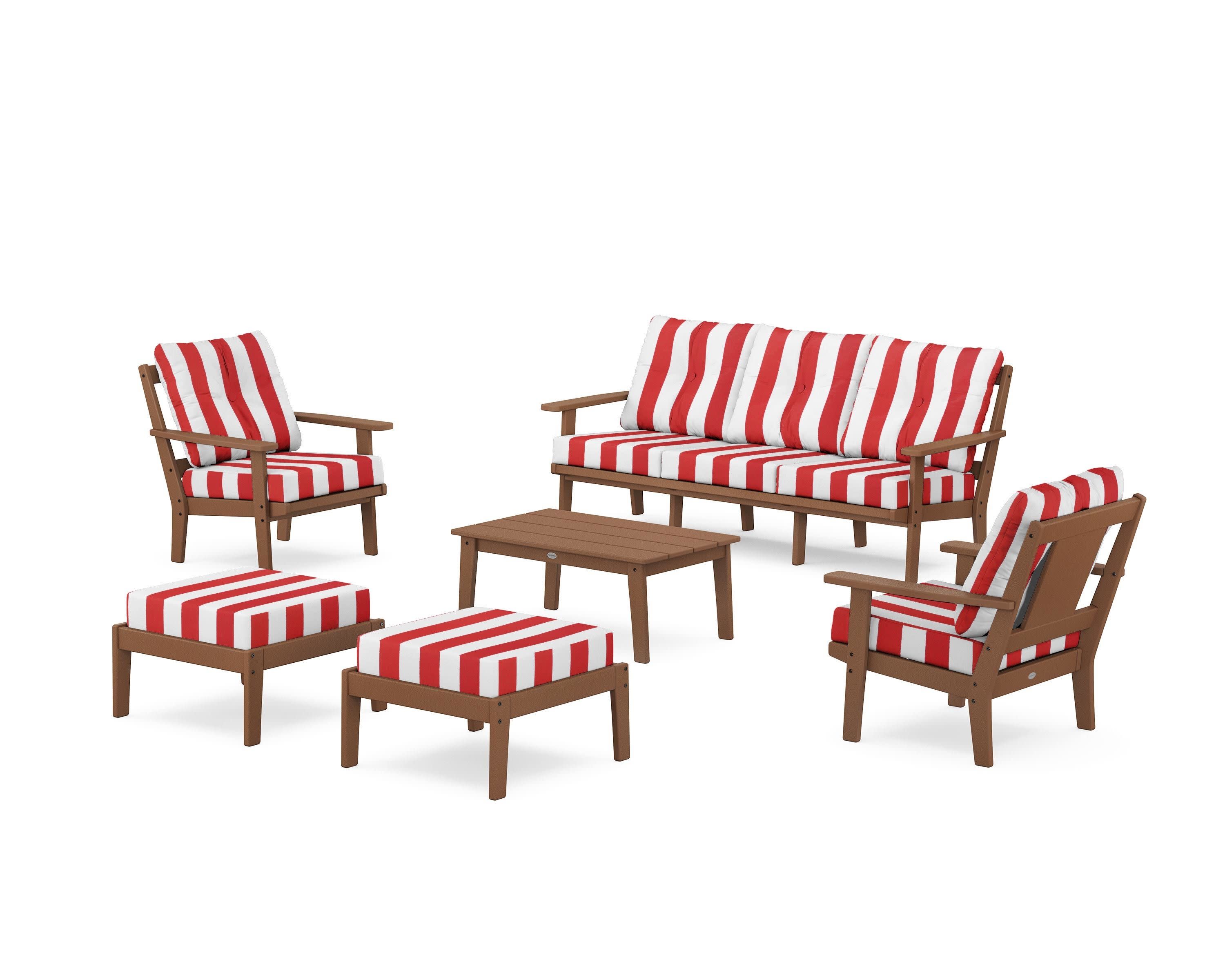 Prairie 6-Piece Lounge Sofa Set in Teak / Cabana Stripe Crimson