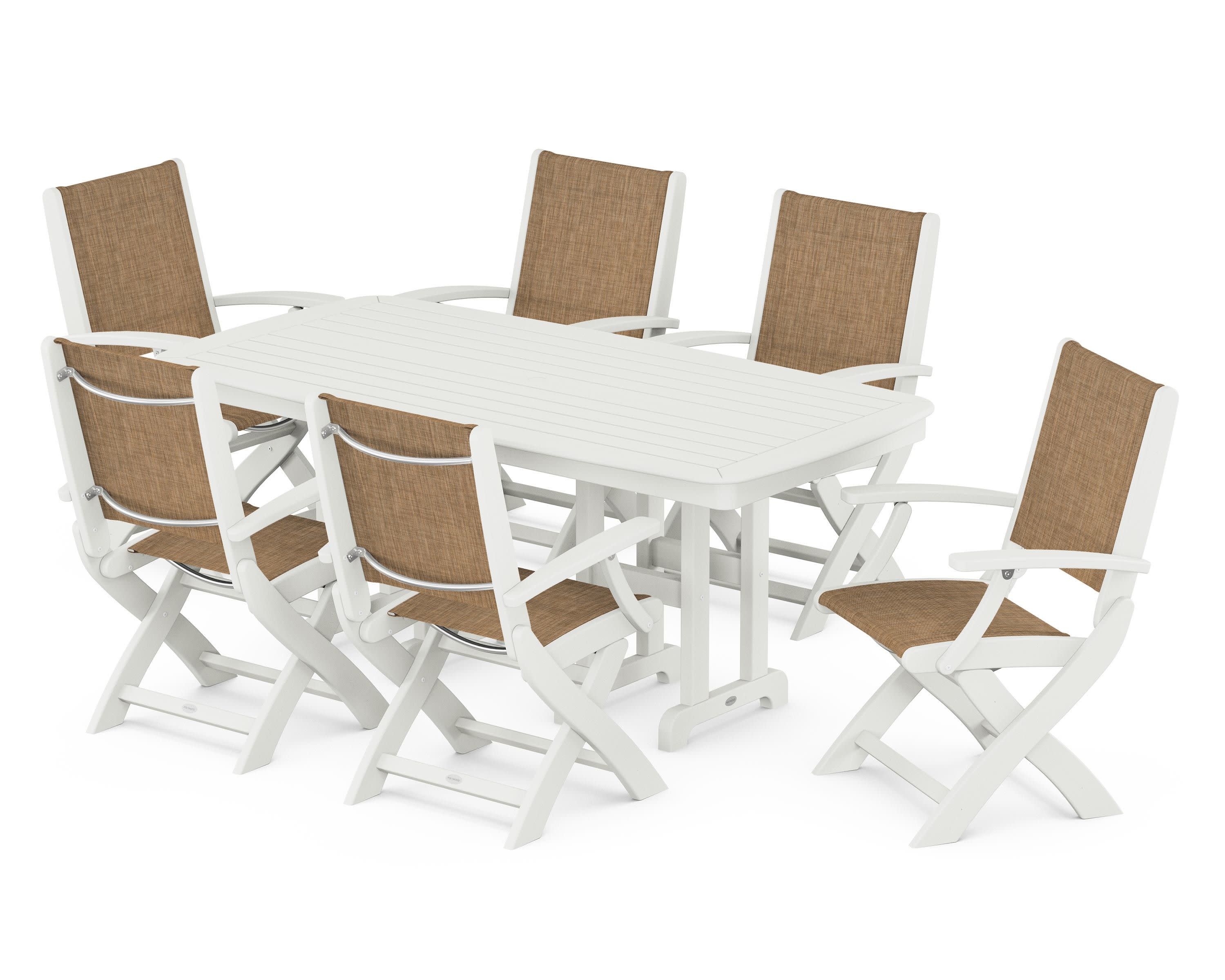 Coastal Folding Arm Chair 7-Piece Dining Set in Vintage White / Burlap Sling