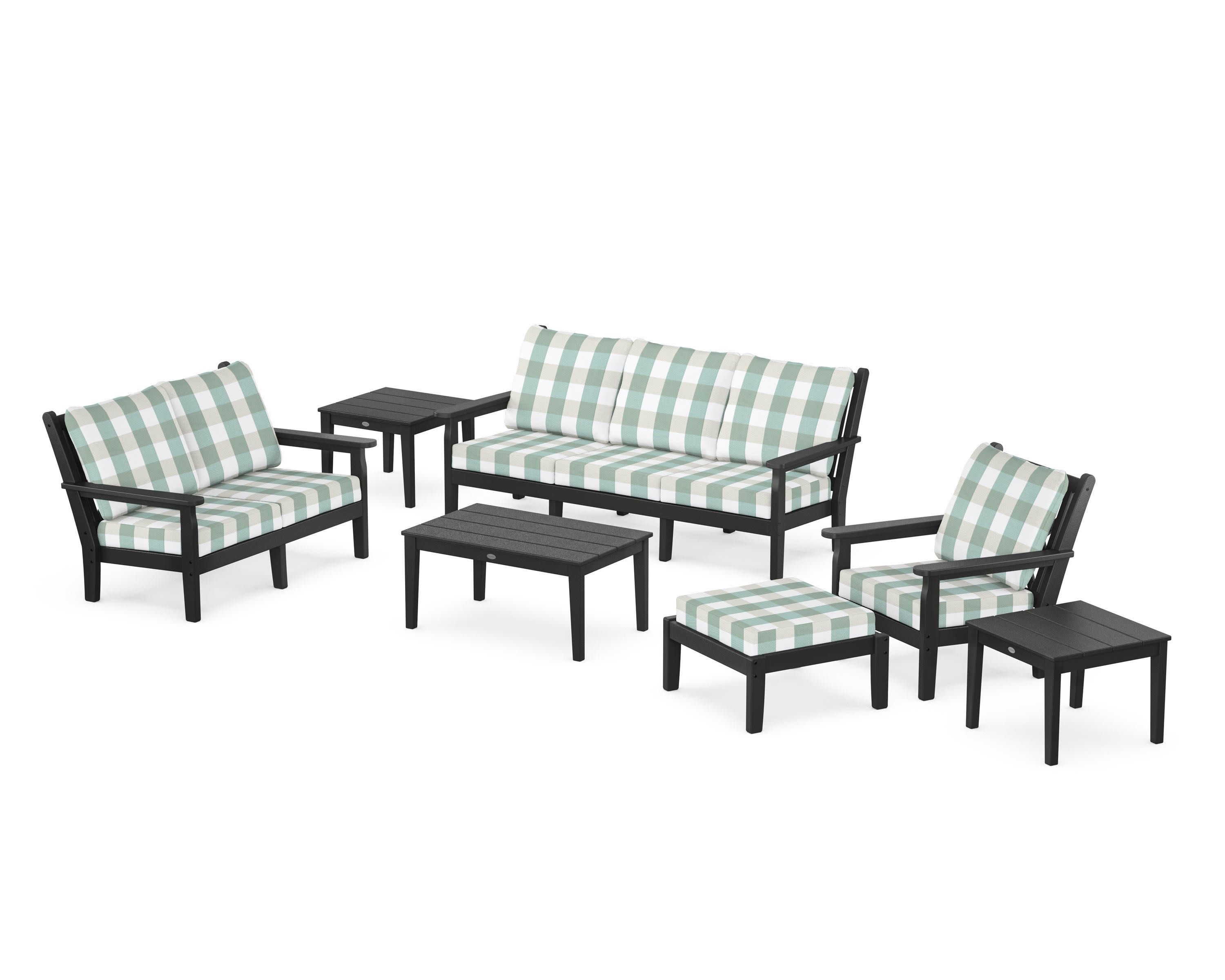 Chippendale 7-Piece Deep Seating Set in Black / Buffalo Plaid Glacier Spa