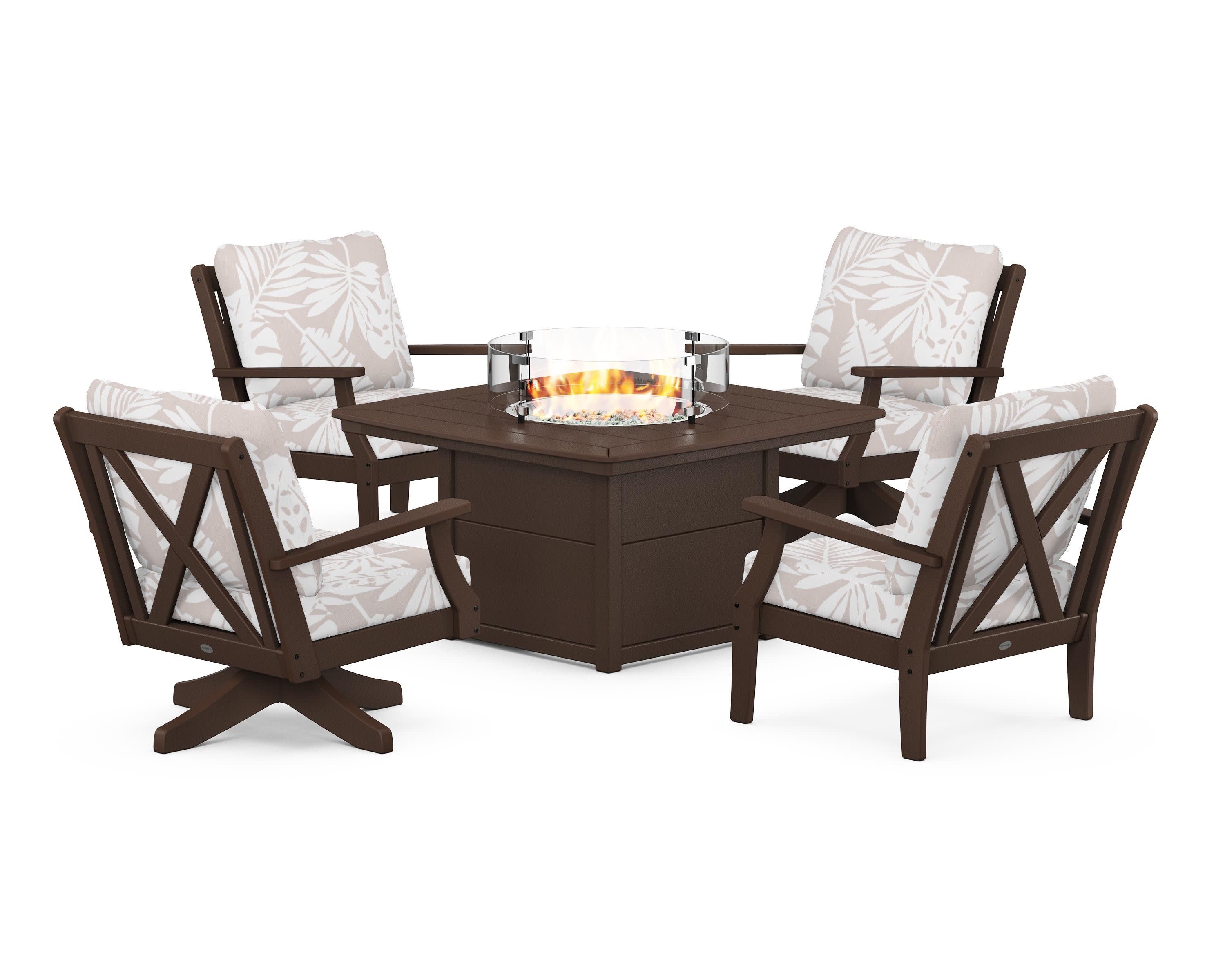 Braxton 5-Piece Deep Seating Set with Fire Table in Mahogany / Leaf Dune Burlap