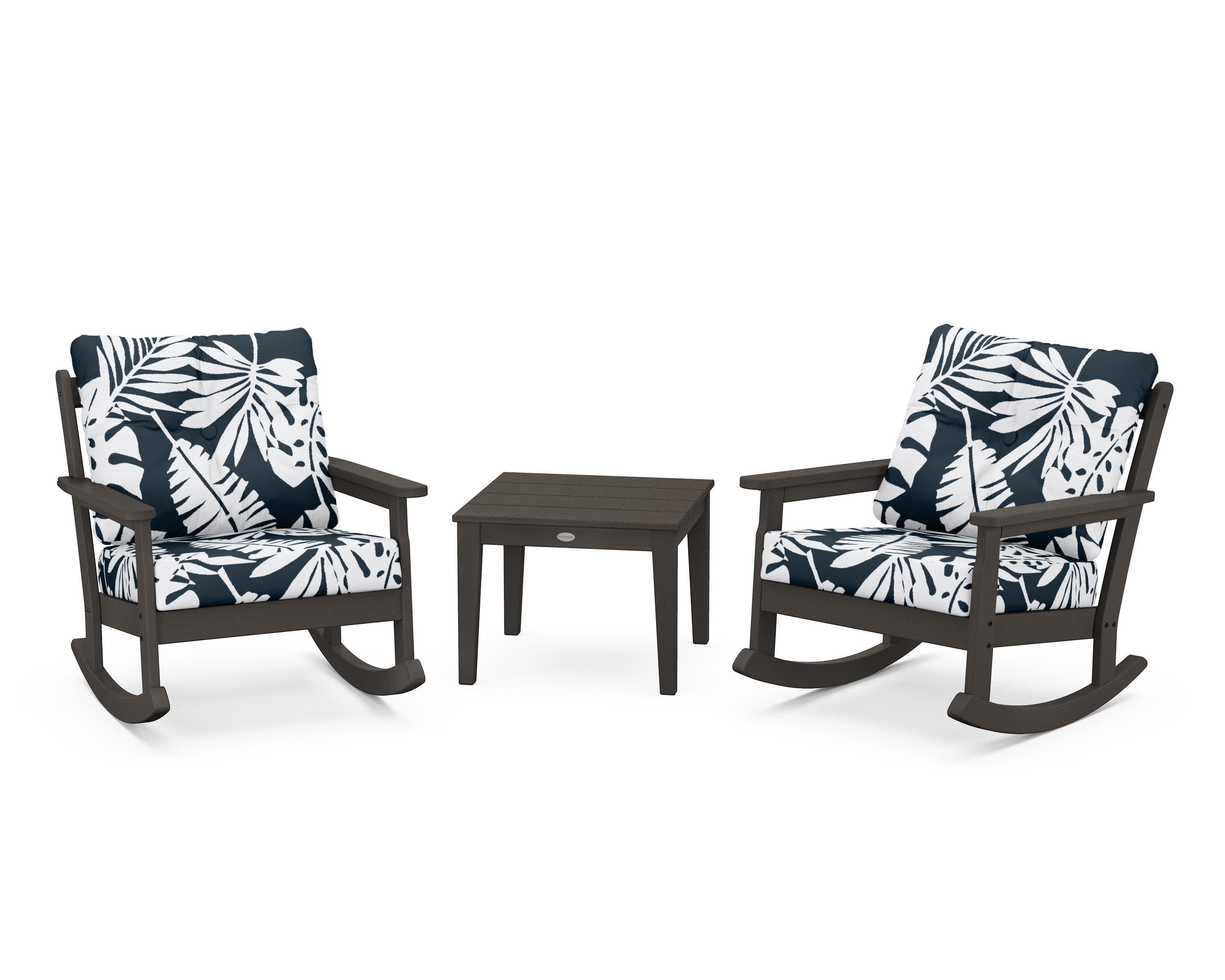 Vineyard 3-Piece Deep Seating Rocker Set in Vintage Coffee / Leaf Marine Indigo