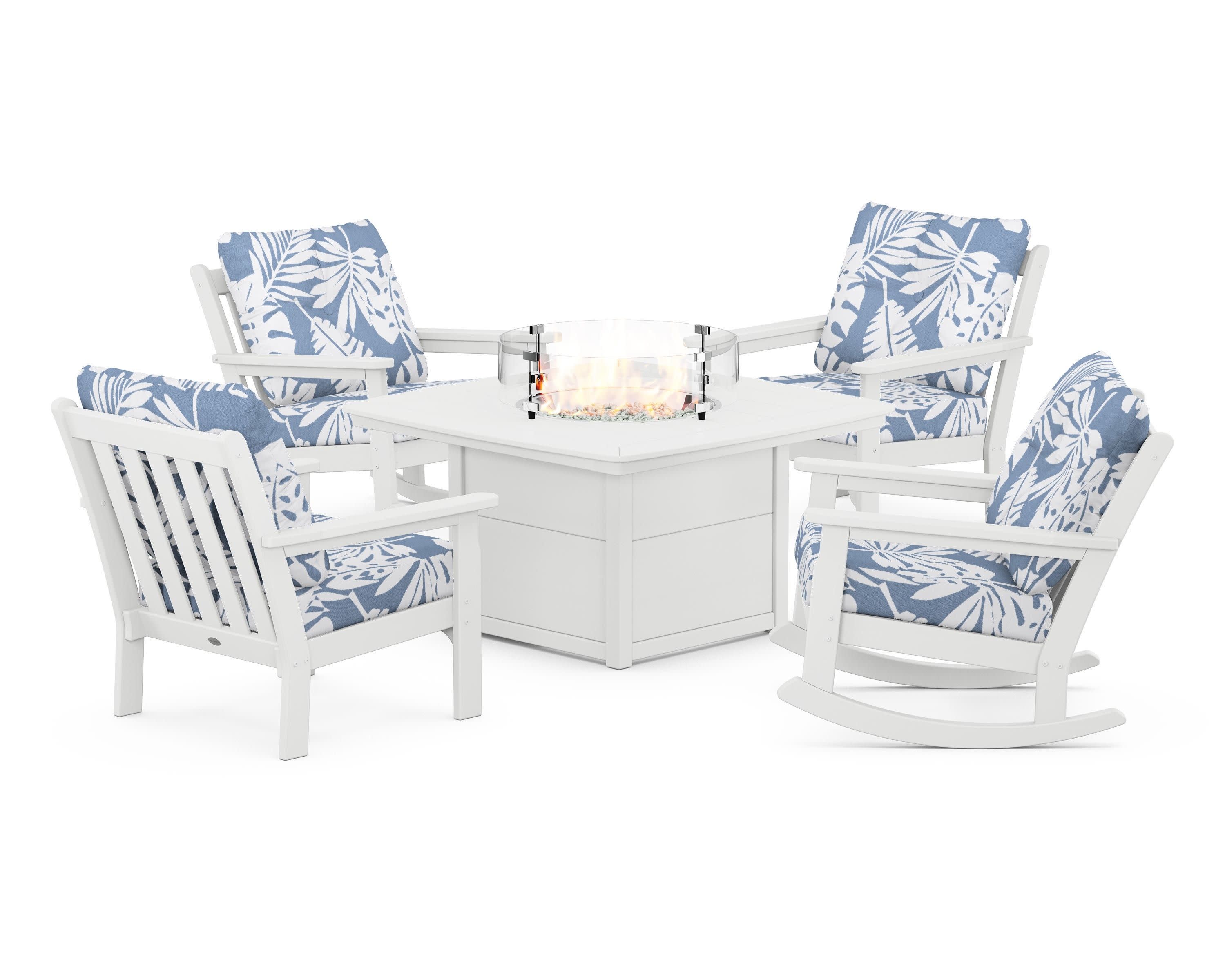 Vineyard 5-Piece Deep Seating Rocking Chair Conversation Set with Fire Pit Table in White / Leaf Sky Blue