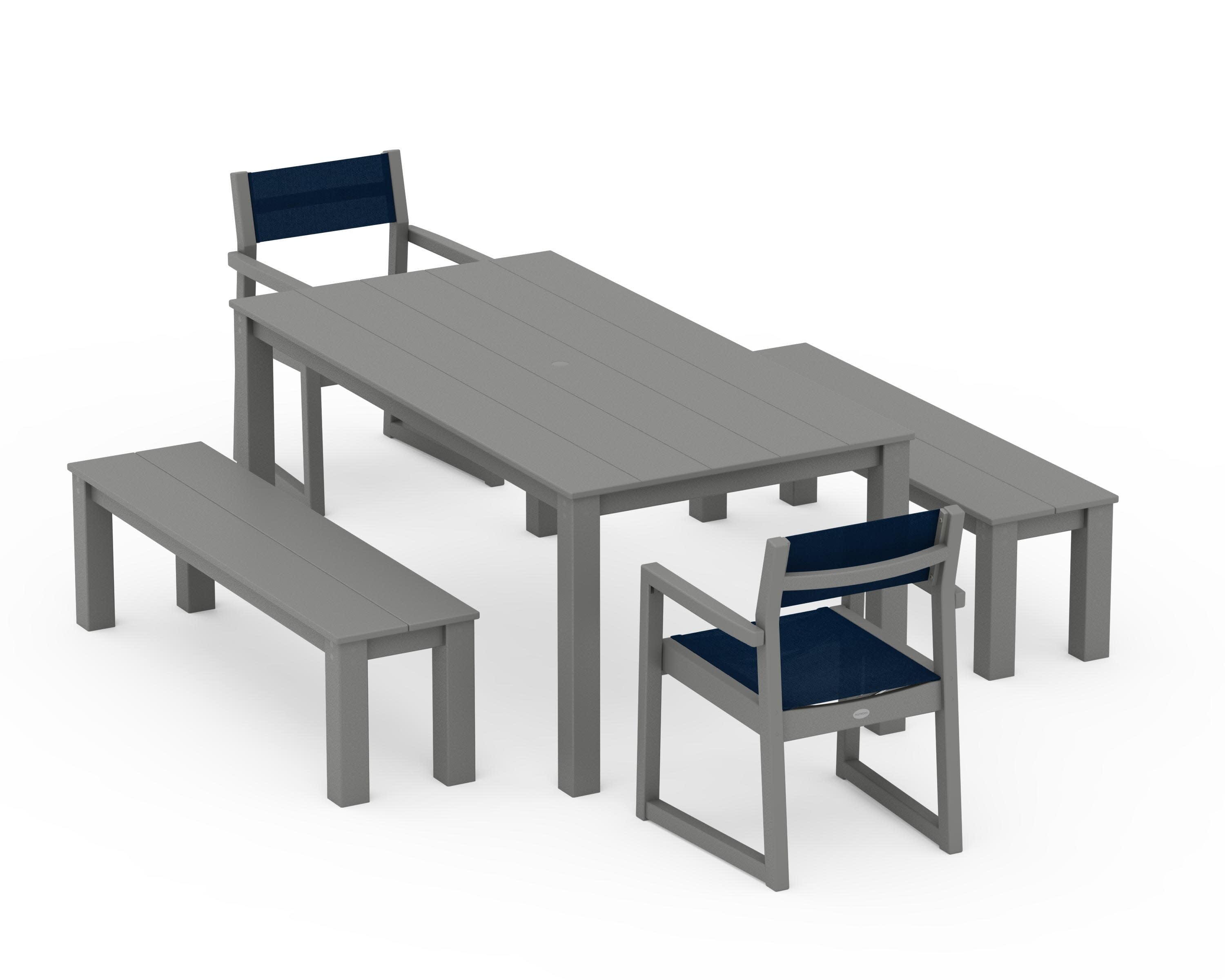 EDGE Sling Arm Chair 5-Piece Parsons Dining Set with Benches in Slate Grey / Navy Blue Sling