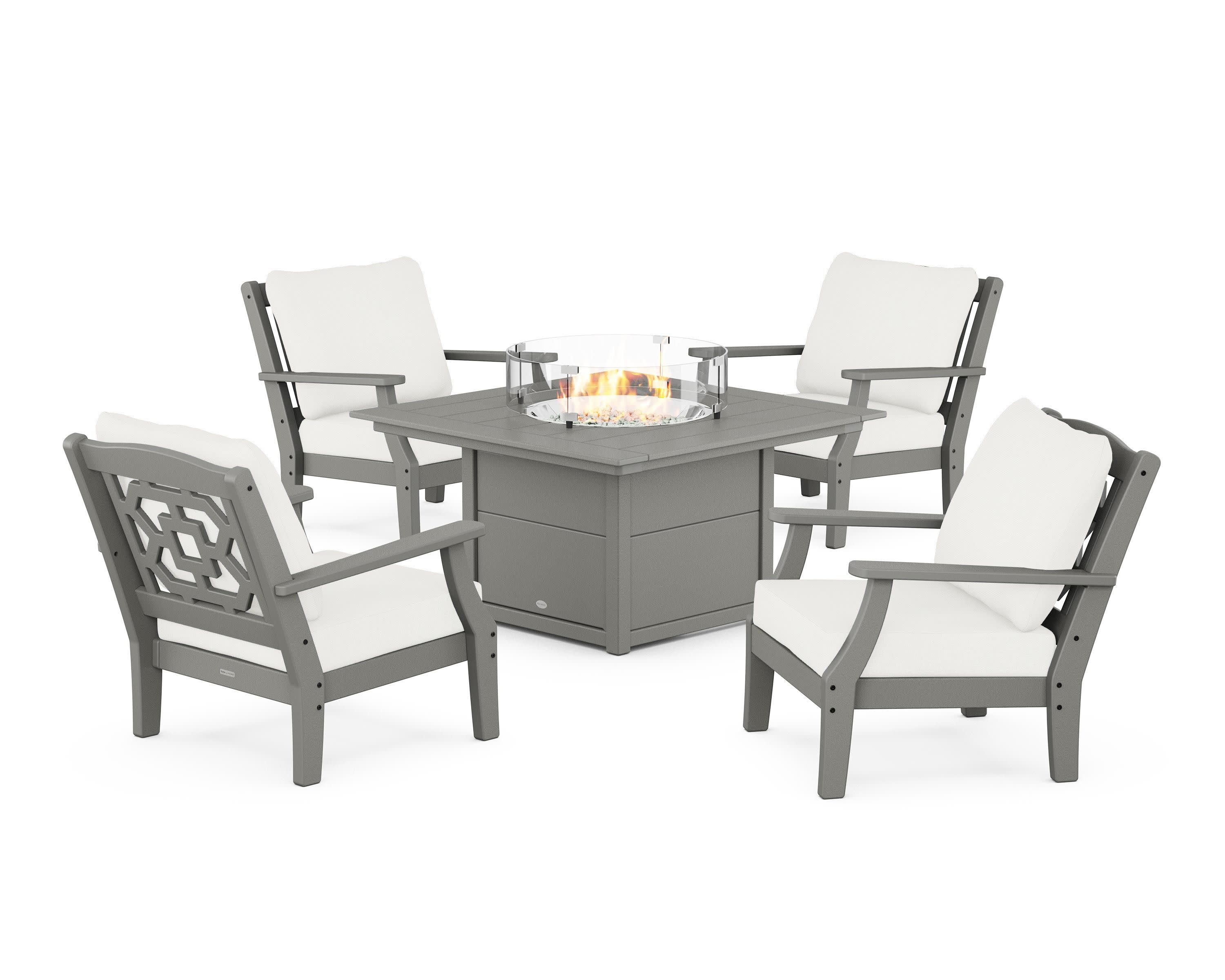 Chinoiserie 5-Piece Deep Seating Set with Fire Pit Table in Slate Grey / Natural Linen