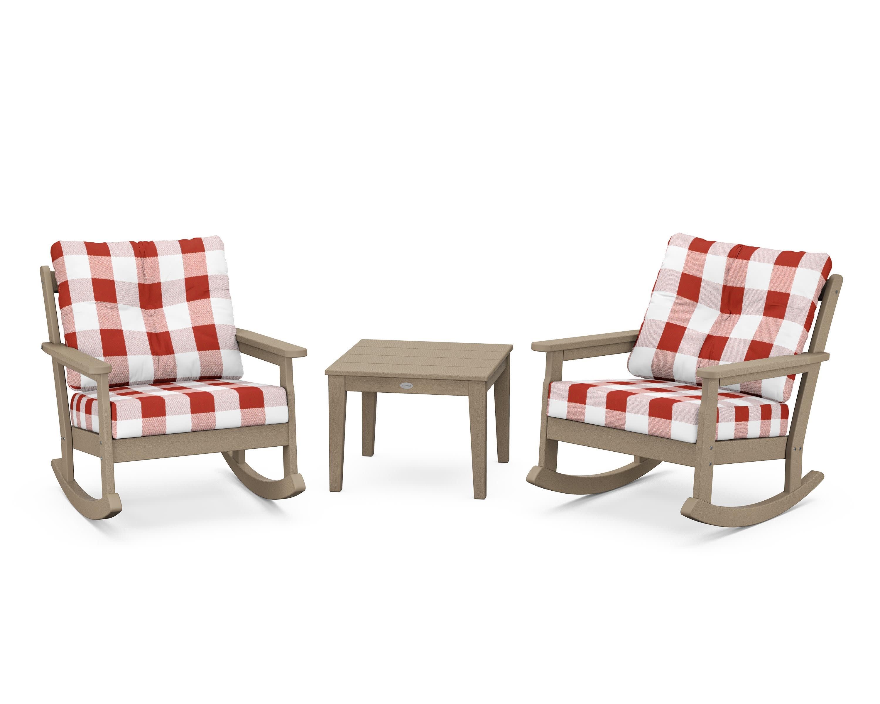 Vineyard 3-Piece Deep Seating Rocker Set in Vintage Sahara / Buffalo Plaid Crimson