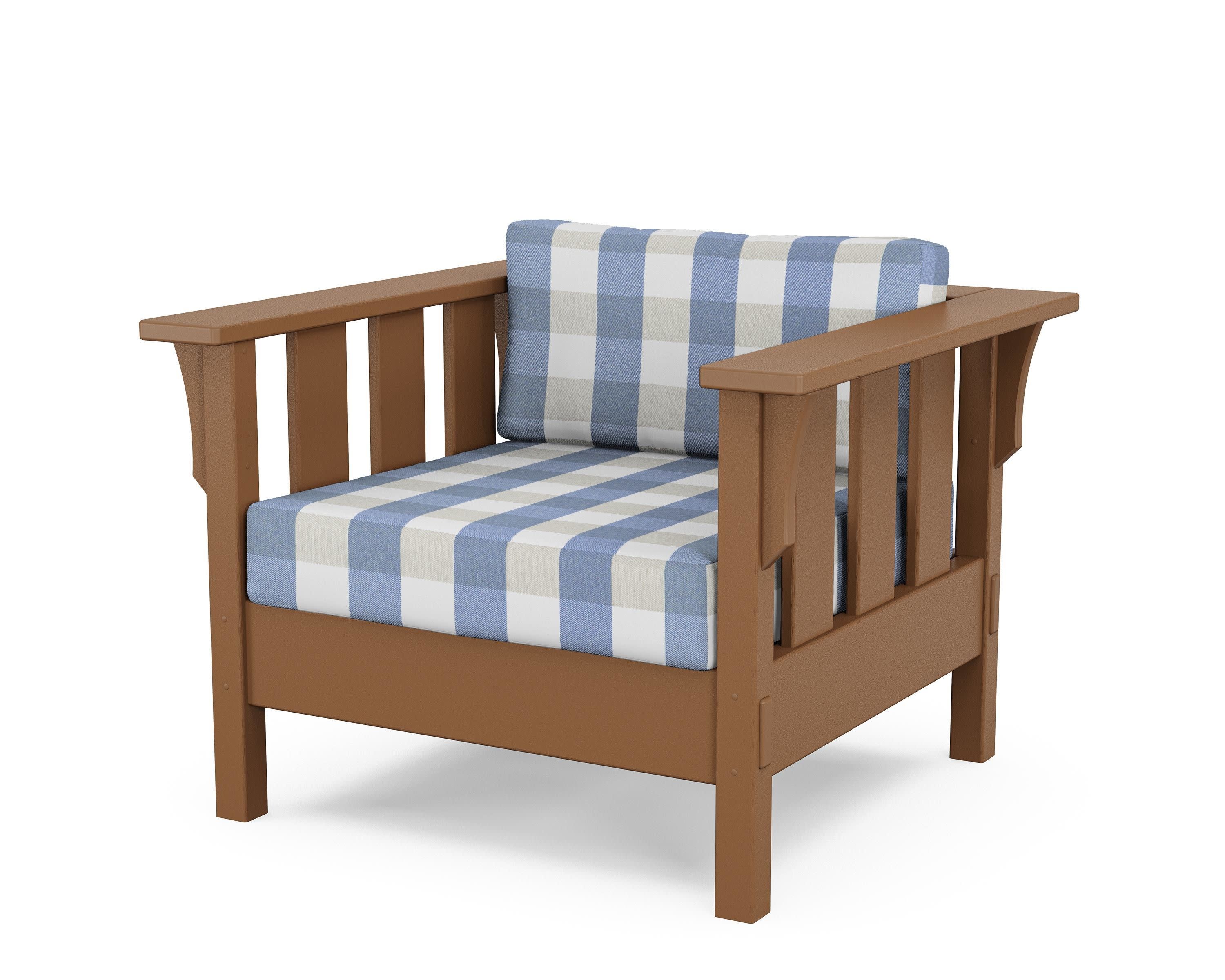 Acadia Deep Seating Chair in Teak / Buffalo Plaid Sky Blue