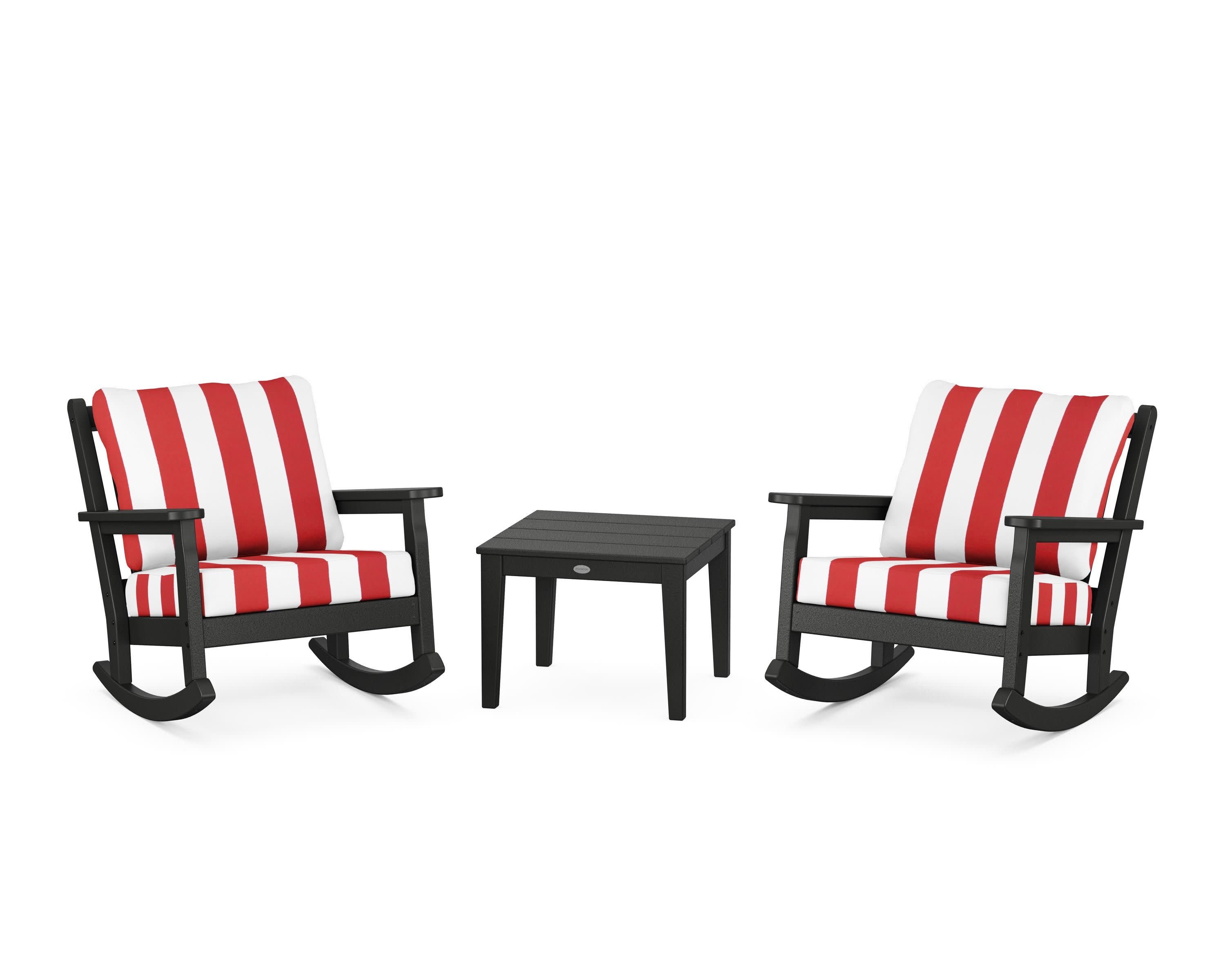 Chippendale 3-Piece Deep Seating Rocker Set in Black / Cabana Stripe Crimson