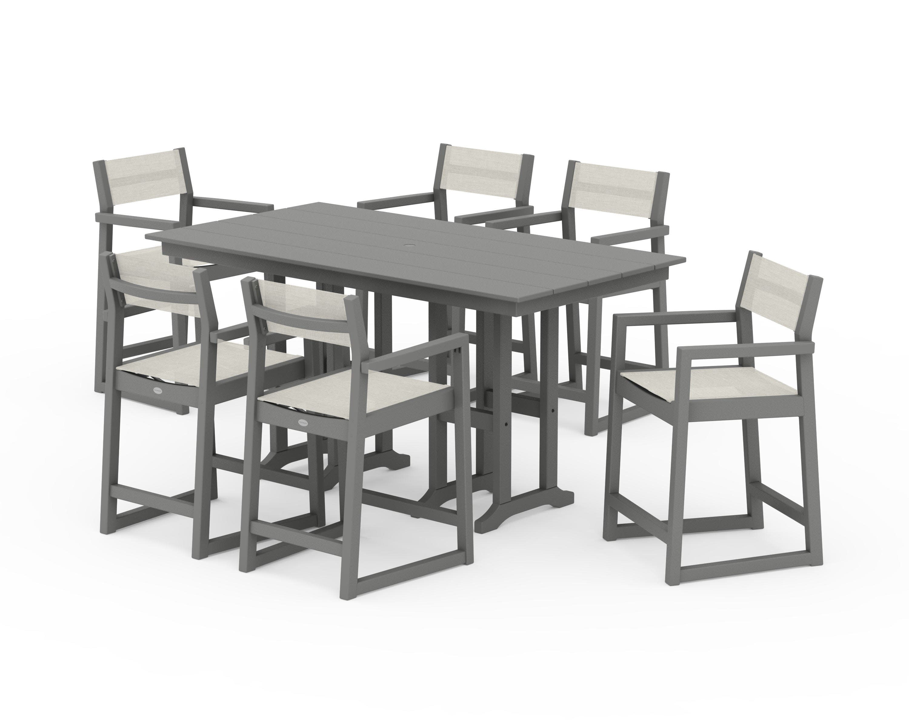EDGE Sling Arm Chair 7-Piece Farmhouse Counter Set in Slate Grey / Parchment Sling