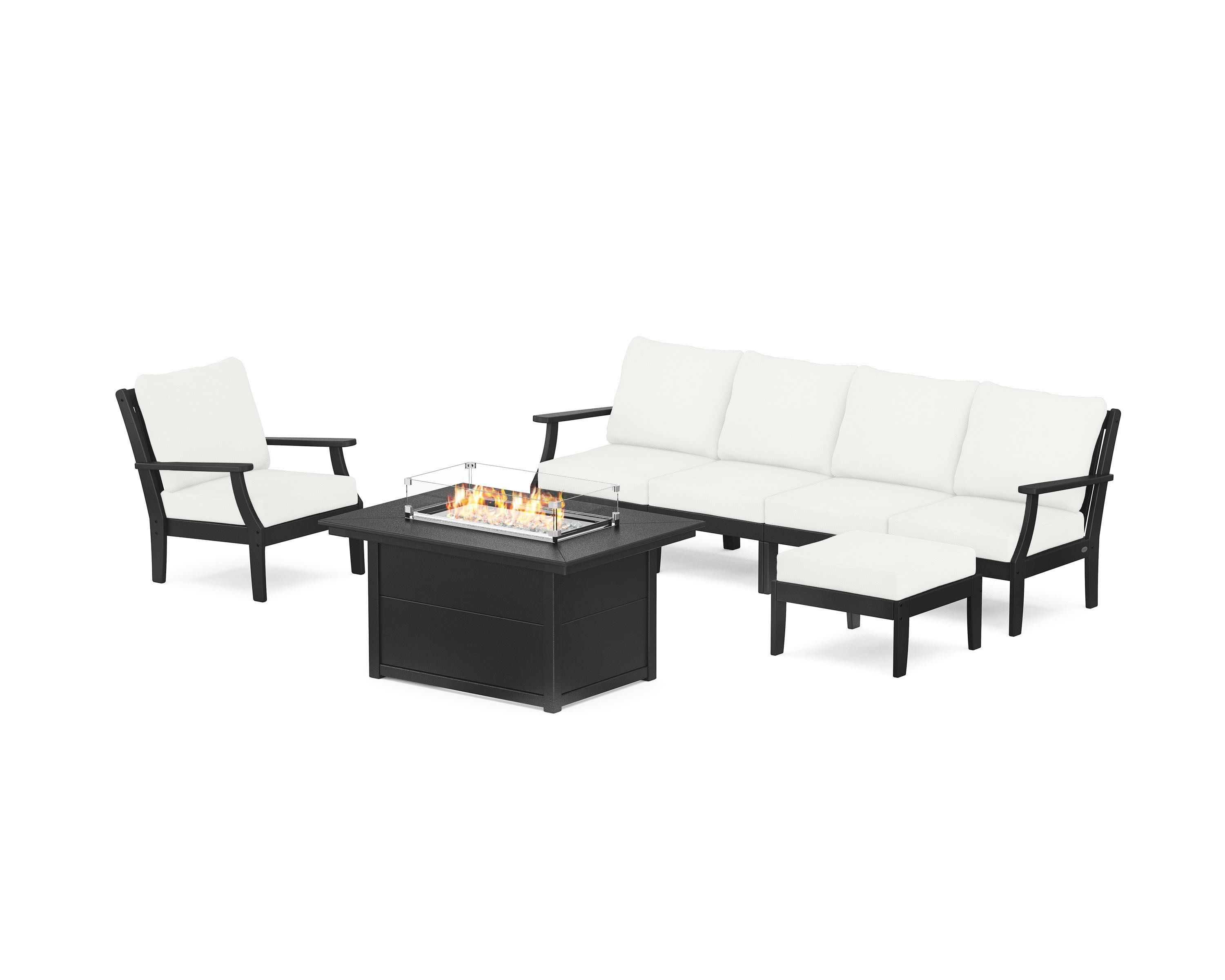 Braxton Sectional Lounge and Fire Pit Set in Black / Natural Linen