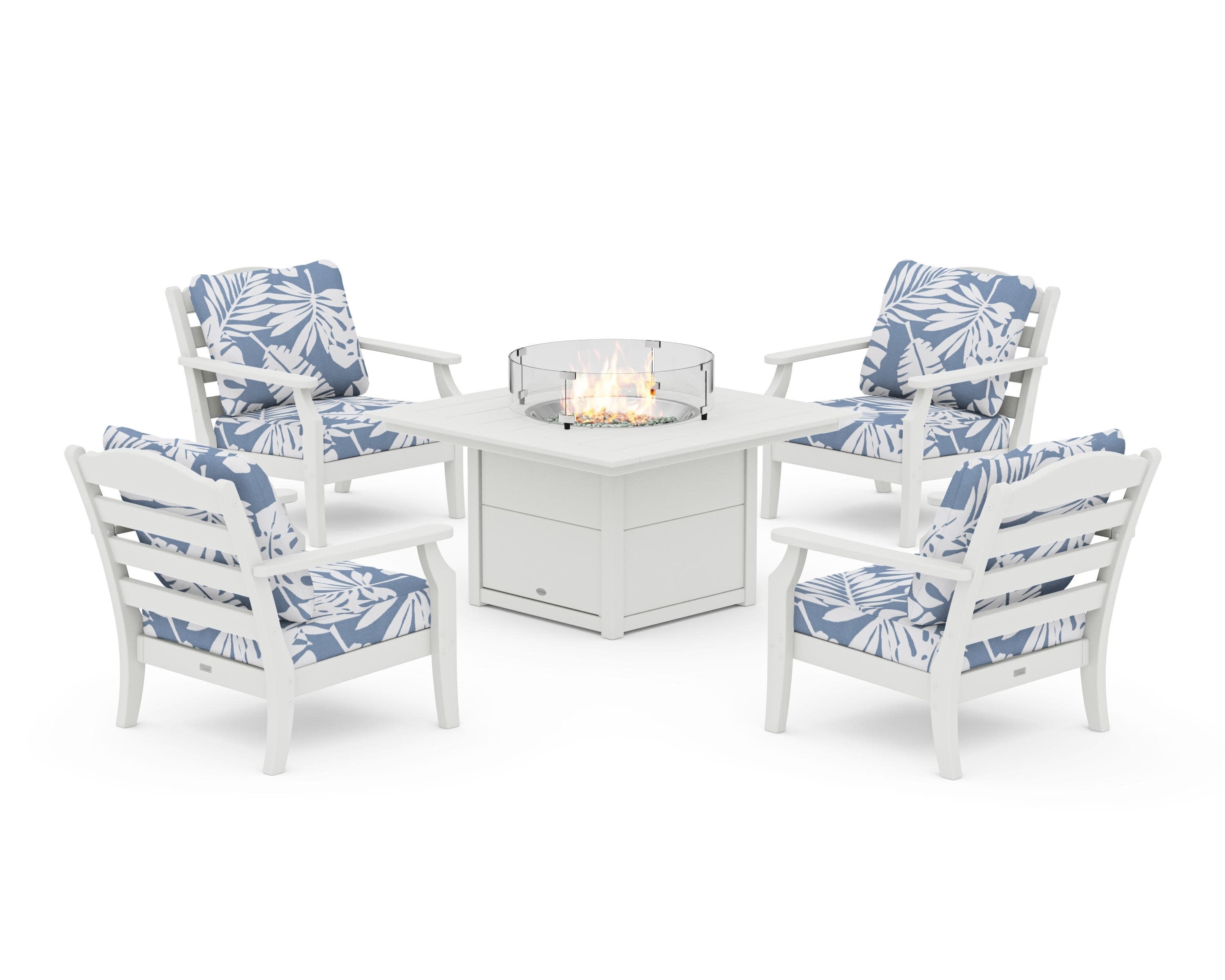 Savannah 5-Piece Deep Seating Set with Fire Pit Table in Vintage White / Leaf Sky Blue