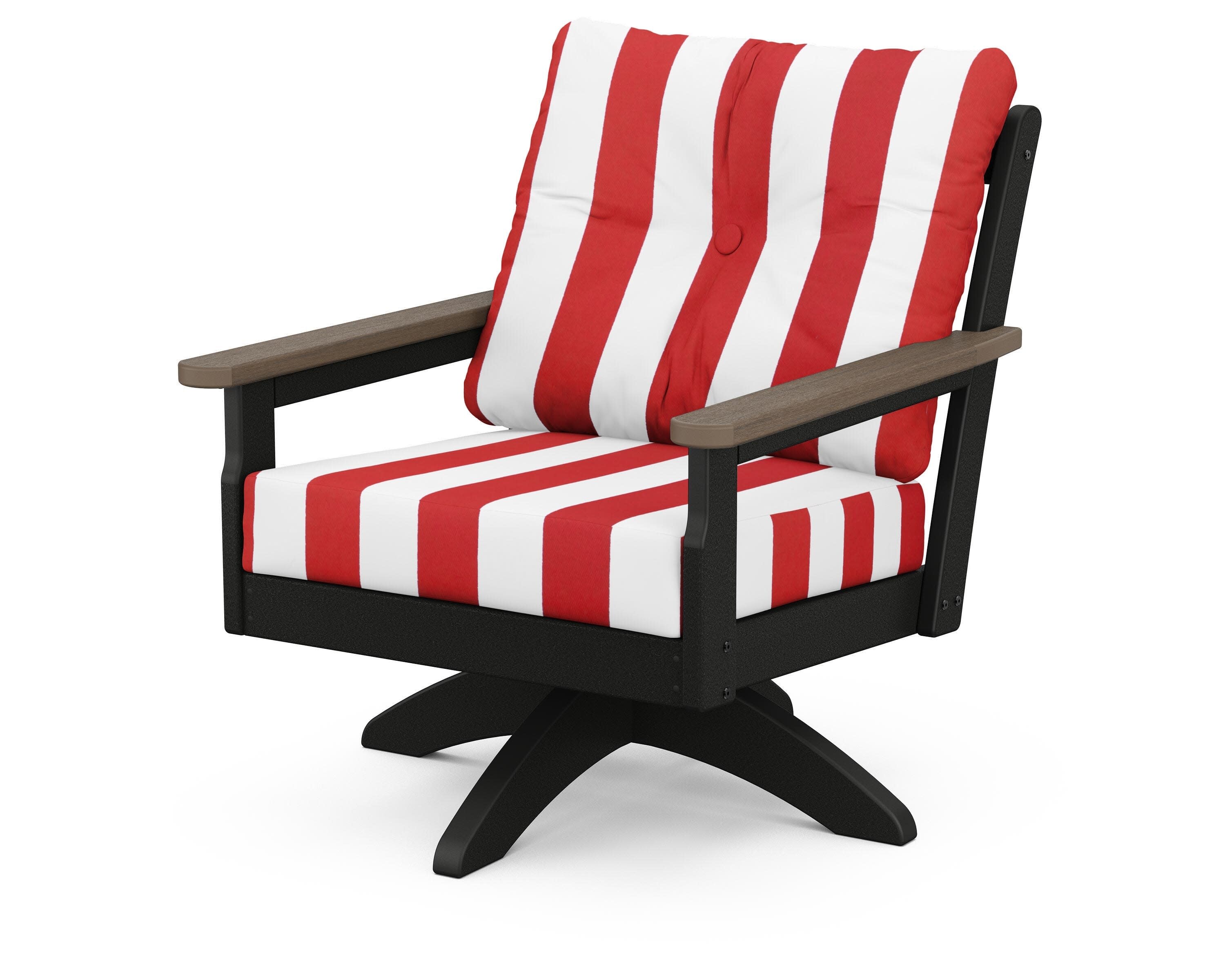 Vineyard Deep Seating Swivel Chair in Black / Kona / Cabana Stripe Crimson